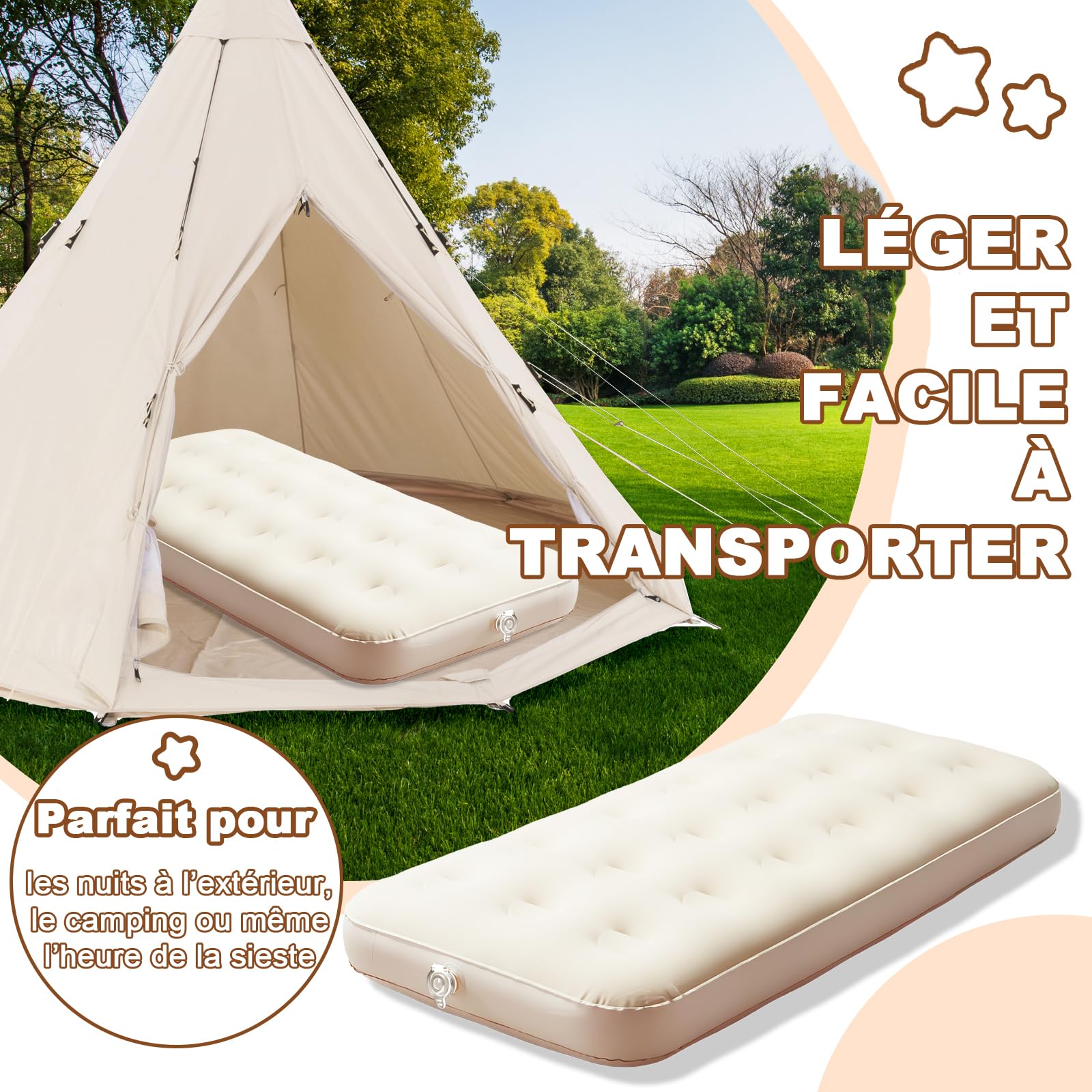 Lot de 2 Lits Gonflables pour Enfants avec Pompe Électrique, 140 x 70 cm | Matelas Floqués en PVC Beige pour Lit de Voyage, Maison, Camping, Soirées Pyjama et Nuits sous Tente