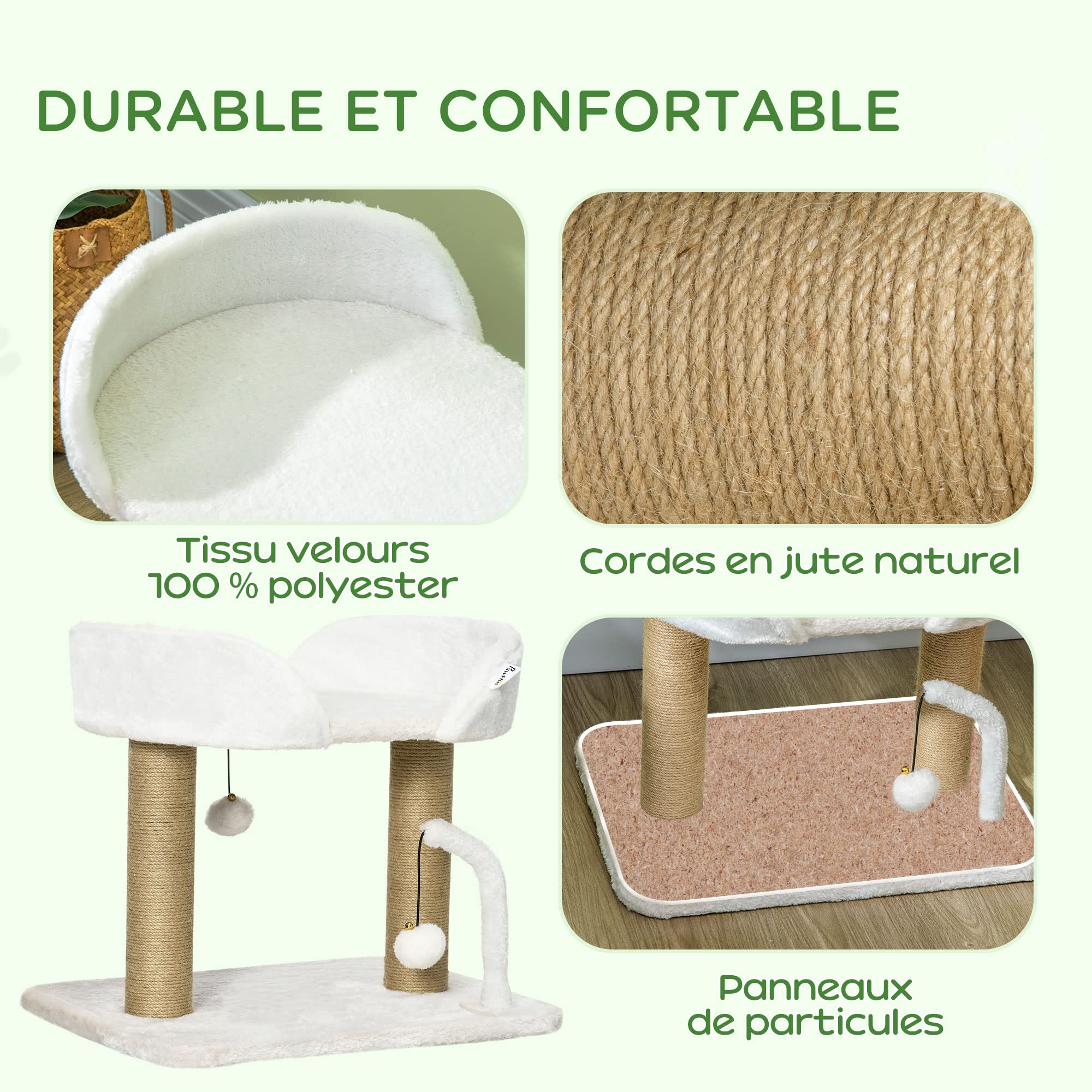 PawHut Arbre à Chat grattoir Design avec Jeu 2 Pompons Suspendus 2 poteaux sisal + Plateforme Peluche - 48 x 38 x 42 cm - sisal Beige