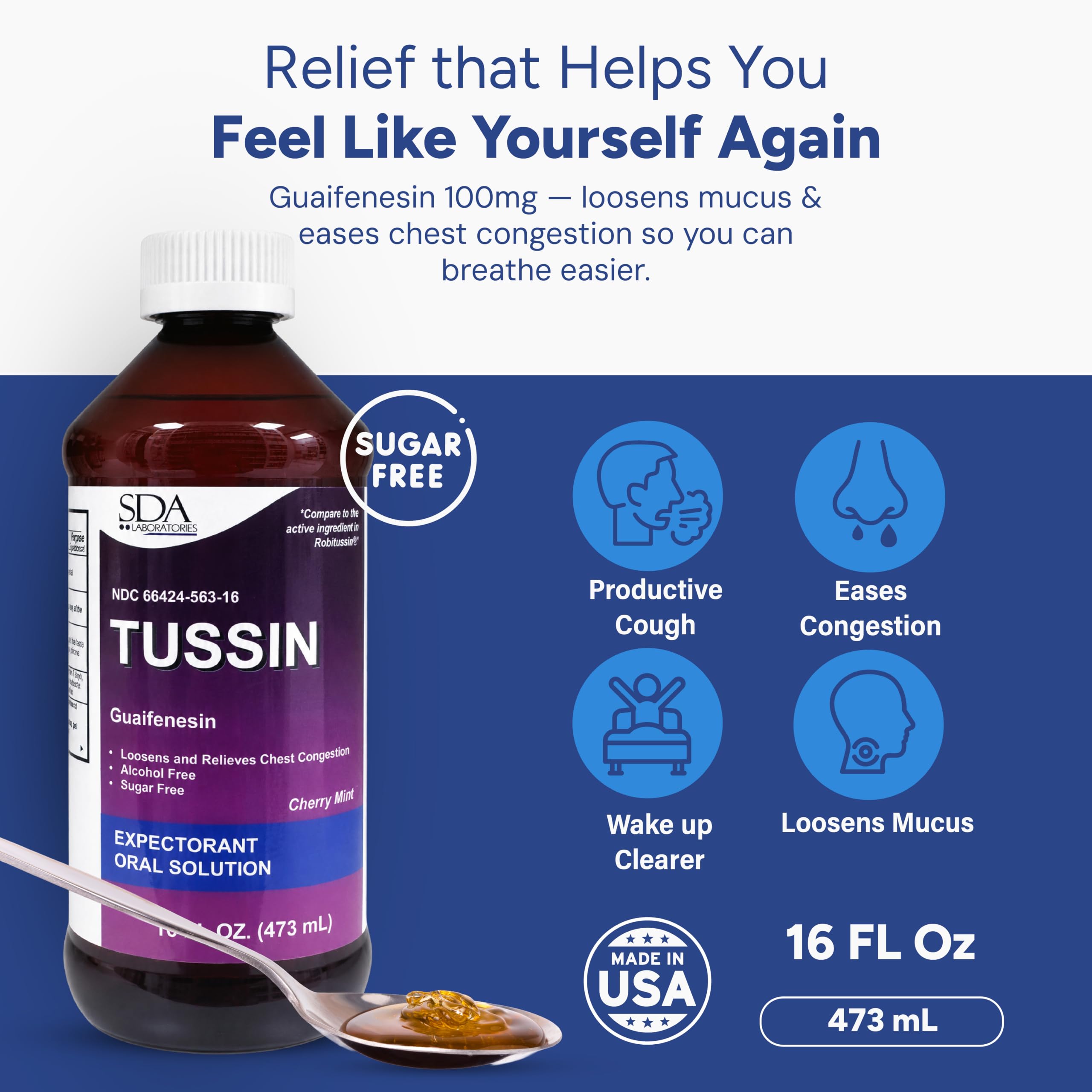SDA LABORATORIES Tussin Guaifenesin Liquid Expectorant – 16 Fl Oz Bottle — Amazon image 2