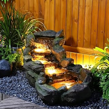 Bumilgar 42 in Natural-Style Tier Garden Rock Water Fountain Outdoor, Floor-Standing Fountains that Feature Gentle Waterfall and LED Lights for Patio, Backyard, Deck, Porch, Home Decor