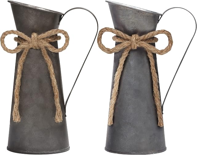 Belle Vous Rustic Metal Milk Jugs (2 Pack) - W8.3 x H20cm / 3.27 x 7.87 inches - Galvanized Vintage Shabby Chic Farmhouse Flower Vase - Decorative Pitcher Jug for Home/Wedding Decor & Garden Flowers