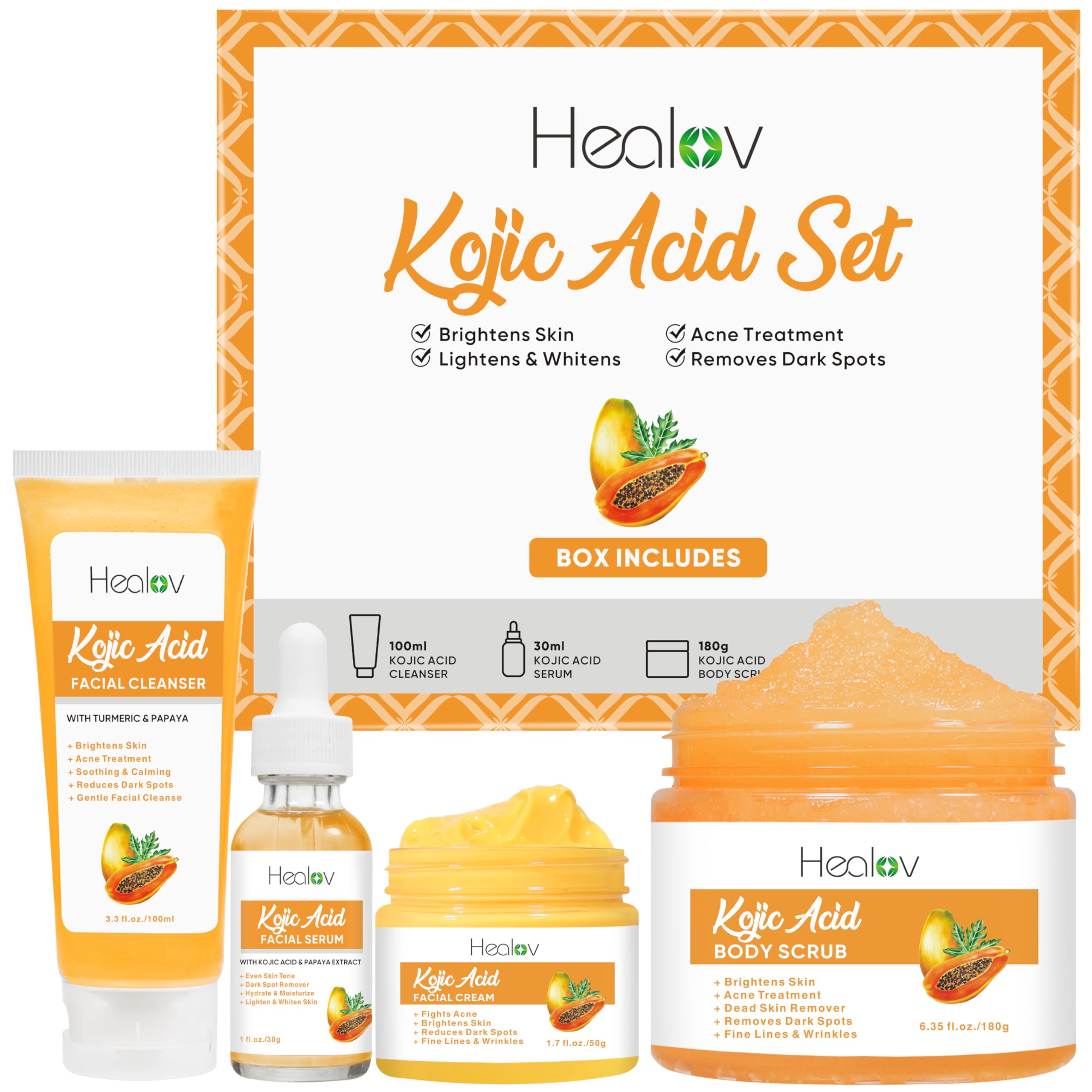 Kojic Acid Skincare Set – Kojic Soap Cleanser, Exfoliating Body Scrub, Face Cream & Brightening Facial Serum – Skin Brightening Hyperpigmentation Treatment, Dark Spot Corrector – with Turmeric Papaya