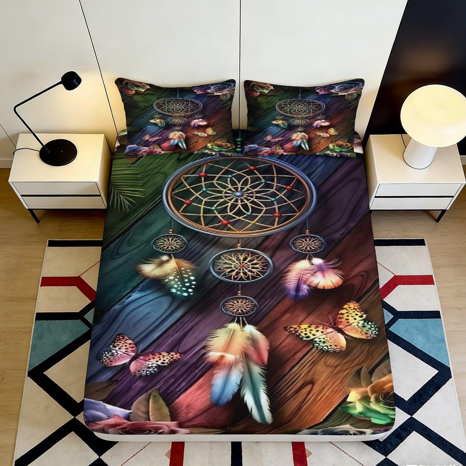 Jqzkxnhpbr Style-10 3D Printed Dreamcatcher Fitted Sheet Microfiber Soft Colourful Feather Bed Cover For Bedroom Dorm Mattress Protection Decor 90X200x25cm