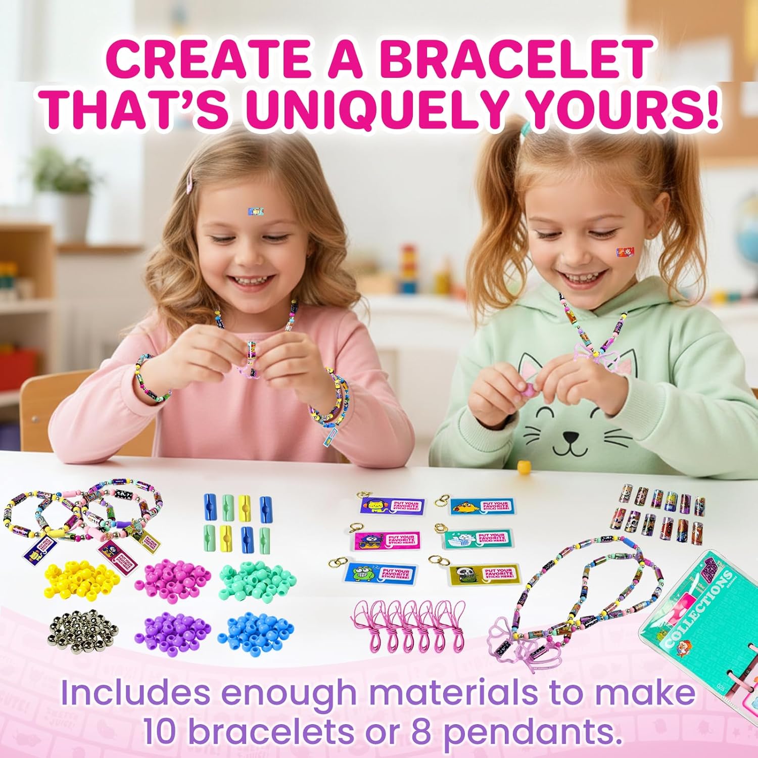 Sticky Rolls Bracelet Kit with Collection Book, 1000 Mini Sticker Set, Wearable & Shareable Sticky Rolls, Kids Beading Set for Bracelet & Necklace Making, 1000+ Designs (8 x Pendant & 10x Drop)