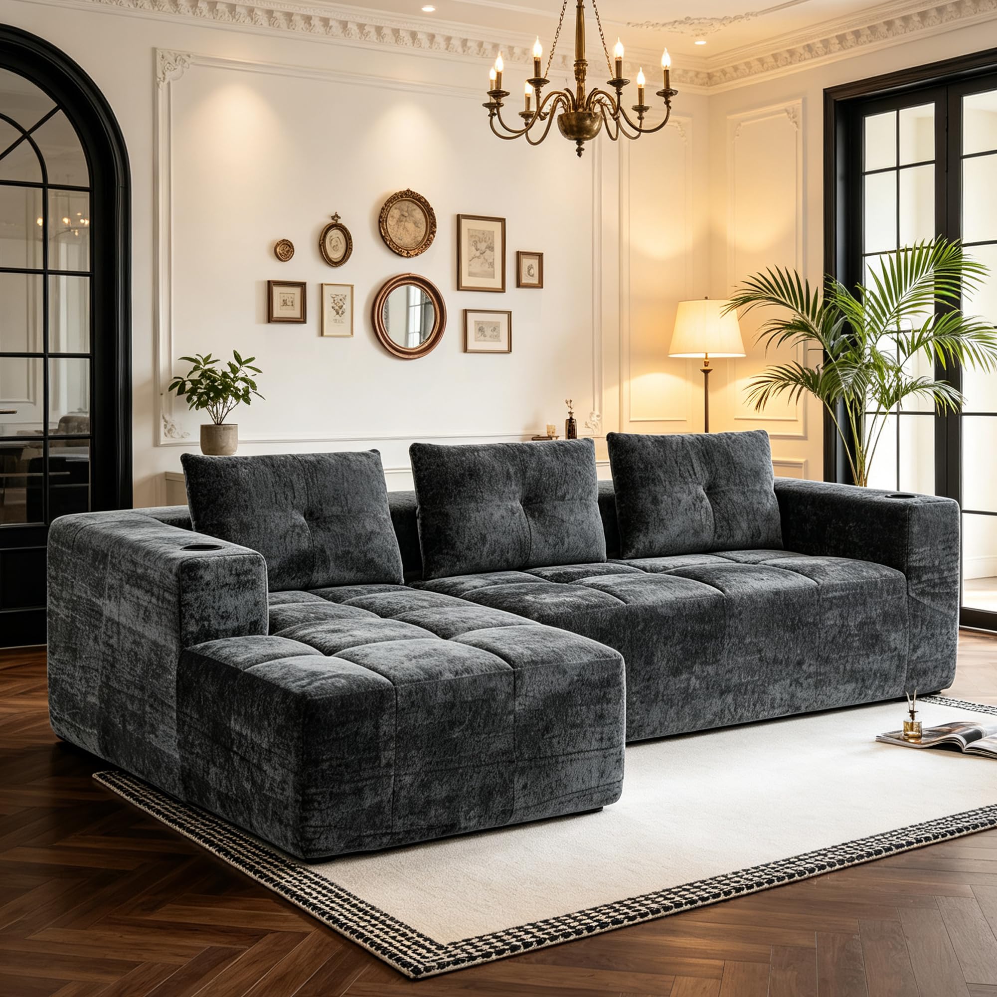 258cm Canapé d'angle, Canapé 3 Places en Forme de L avec Méridienne à Gauche et Coussins et Porte-Gobelets, Convient aux Salons et aux Chambres à Coucher, Chenille Côtelé (Gris-25)