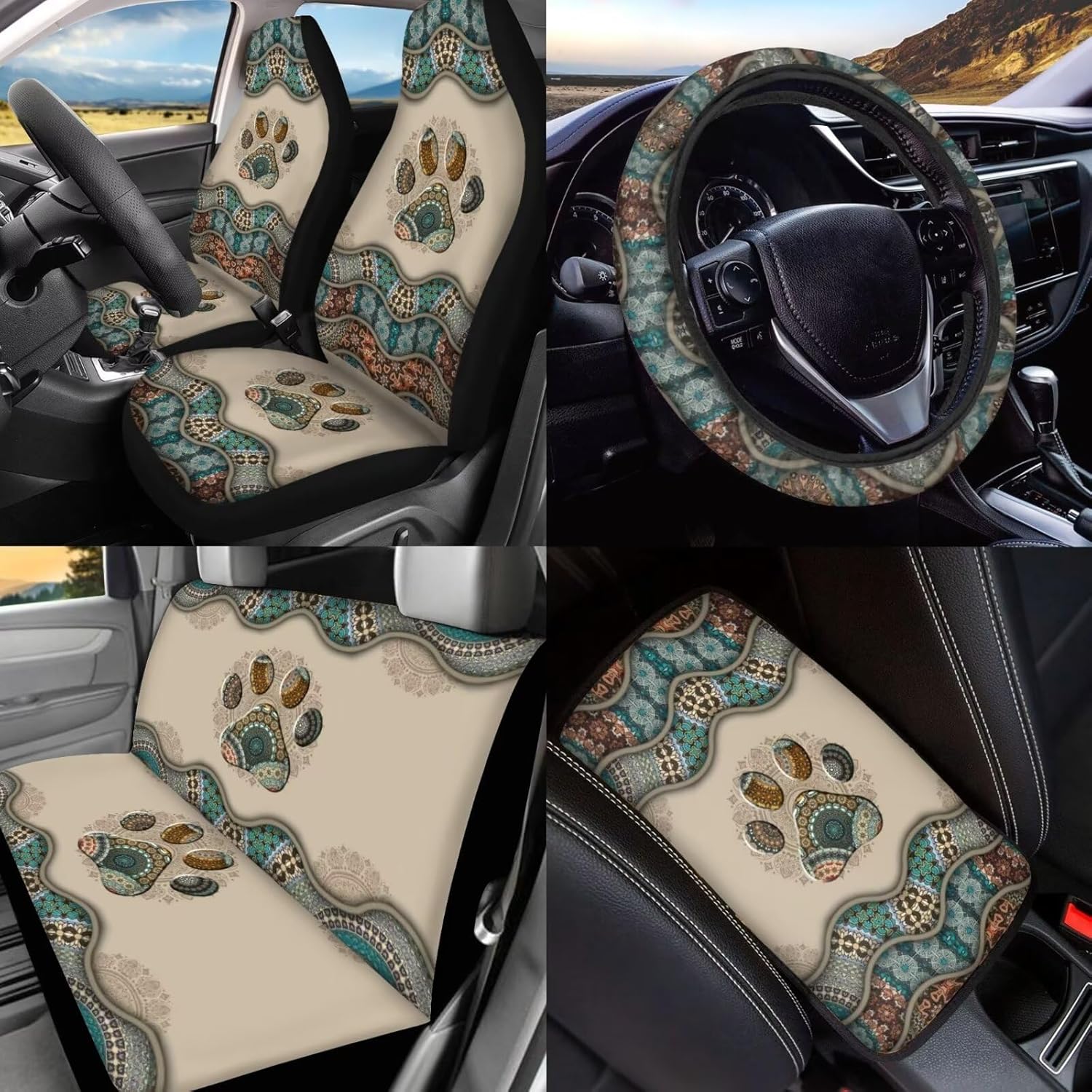 BIGCARJOB Boho Dog Paw Car Seat Cover Full Set 15 Pieces Boho Print Car Interior Accessories Set with Universal Steering Wheel Cover Car Trash Can Hanging Seat Headrest Covers