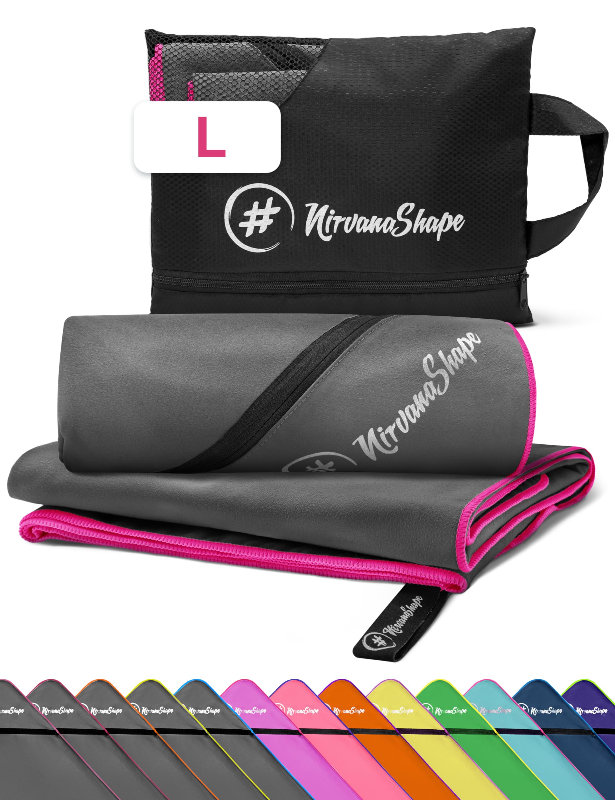 NirvanaShape Microfiber - Travel Towel for Beach Sports, L 140 x 70 cm, Grey / Pink Seam, L: 140 x 70 cm