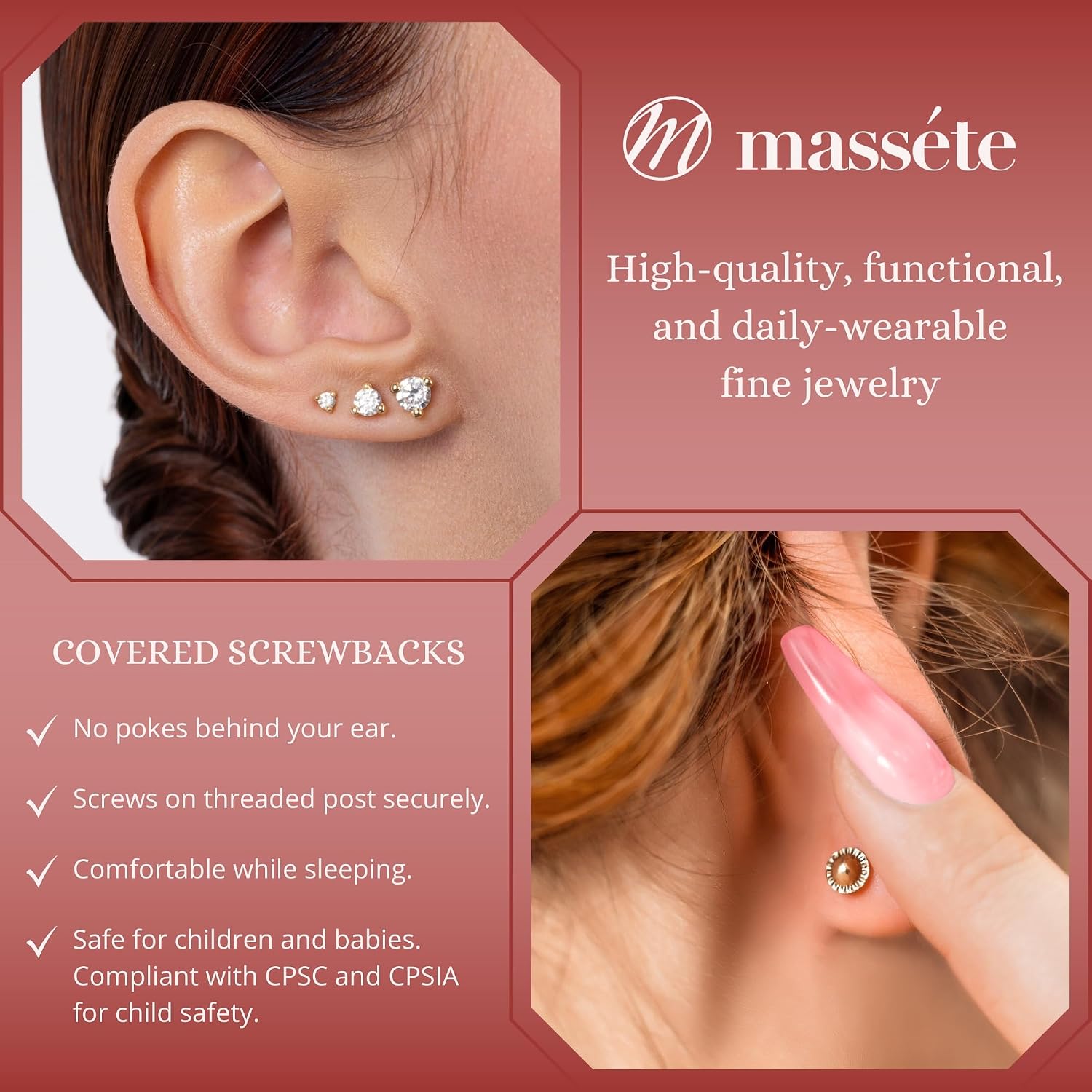 14k Gold 3-Prong Simulated Diamond Stud Earrings - Martini Style, 3mm 4mm 5mm, Covered Screwback for Women