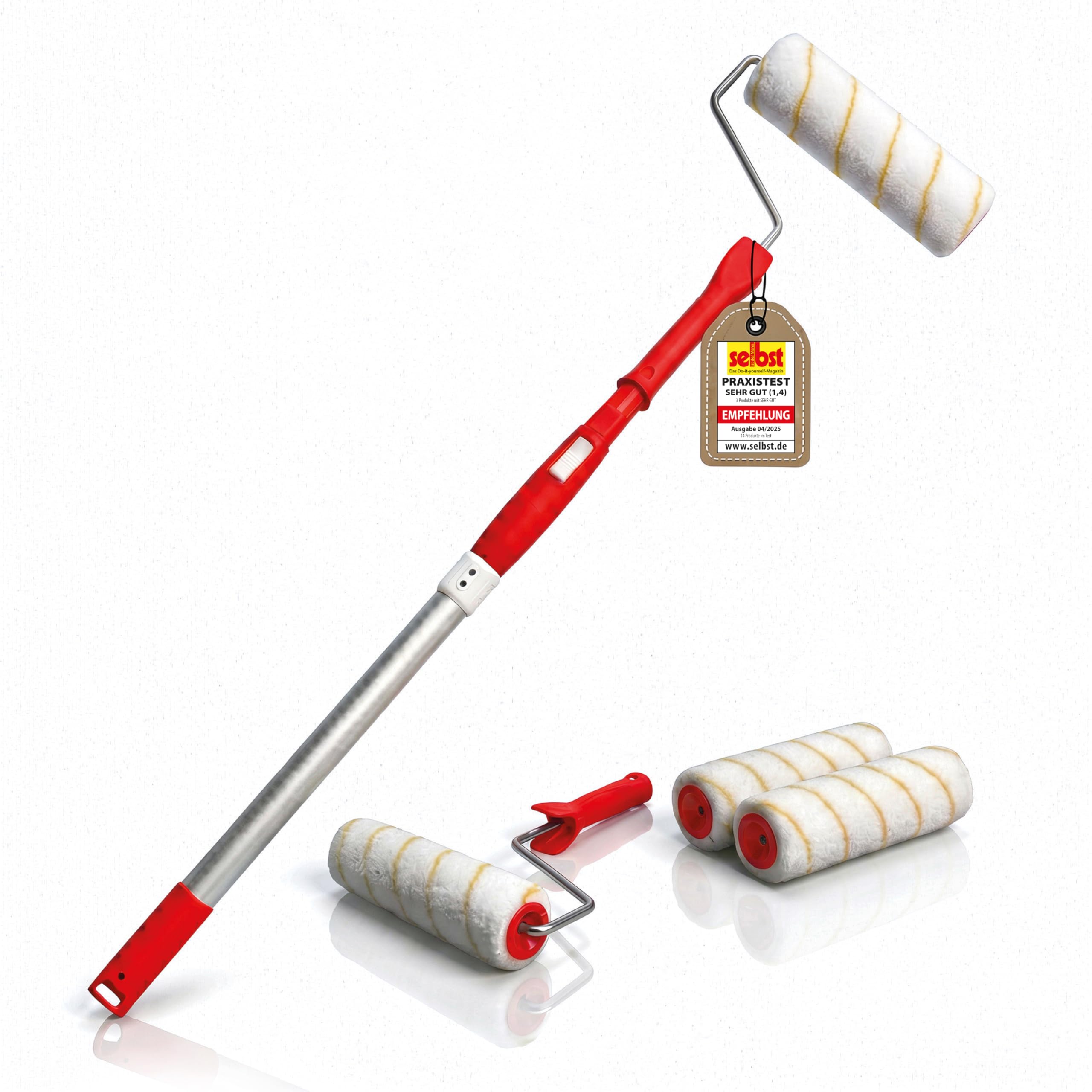 mako Teleskoproller-Set EASYREACH – 7-teiliges Set, ausziehbarer Alustiel (108–175 cm, Universalkonus), 4 x Antitropf-Malerwalze & 2x ergonomischer Bügel – für Decken & hohe Wände