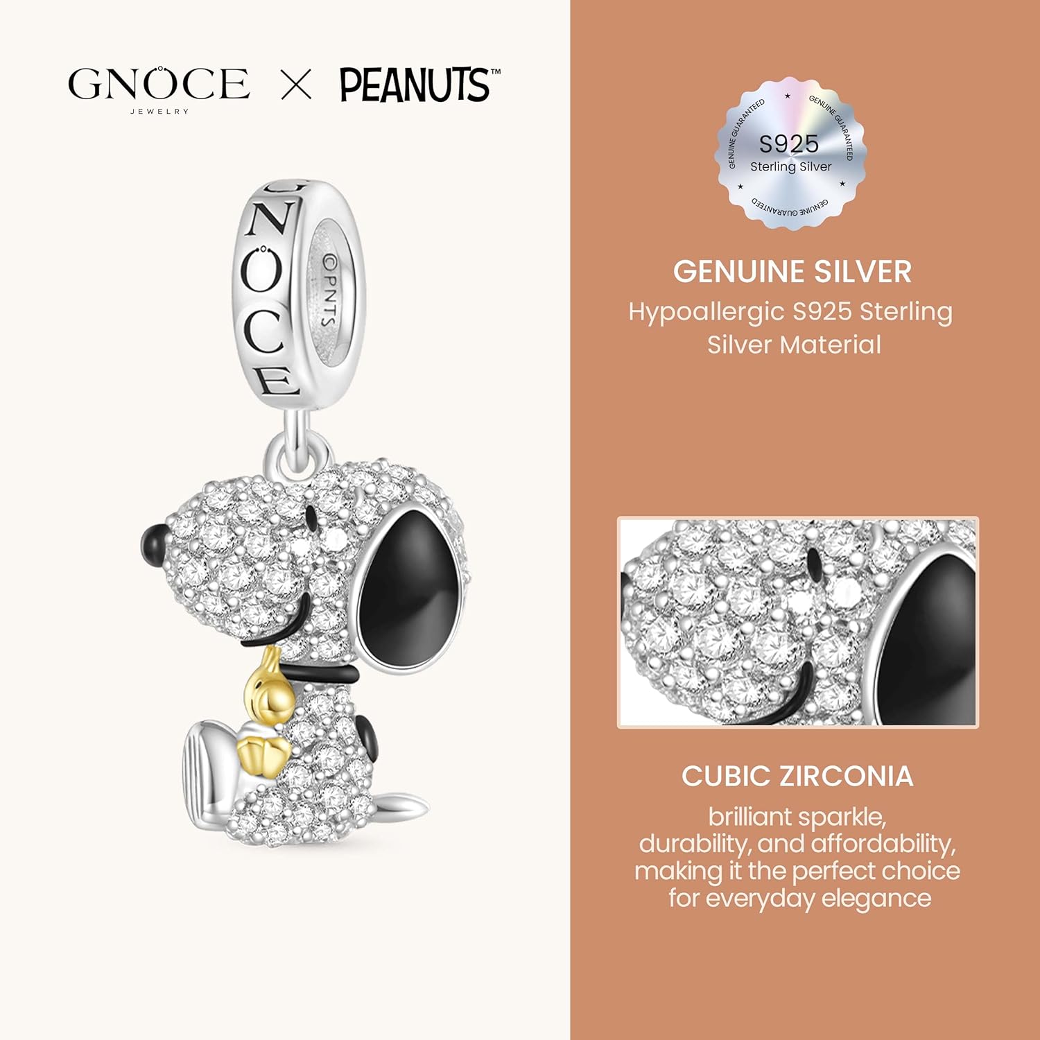 GNOCE Peanuts Snoopy Hugging Woodstock Diamond Pendant Dangle Charm for Women, S925 Sterling Silver Dangle Charms for Women Wife, Valentine‘s Day, Mother’s Day Jewelry - Image 7