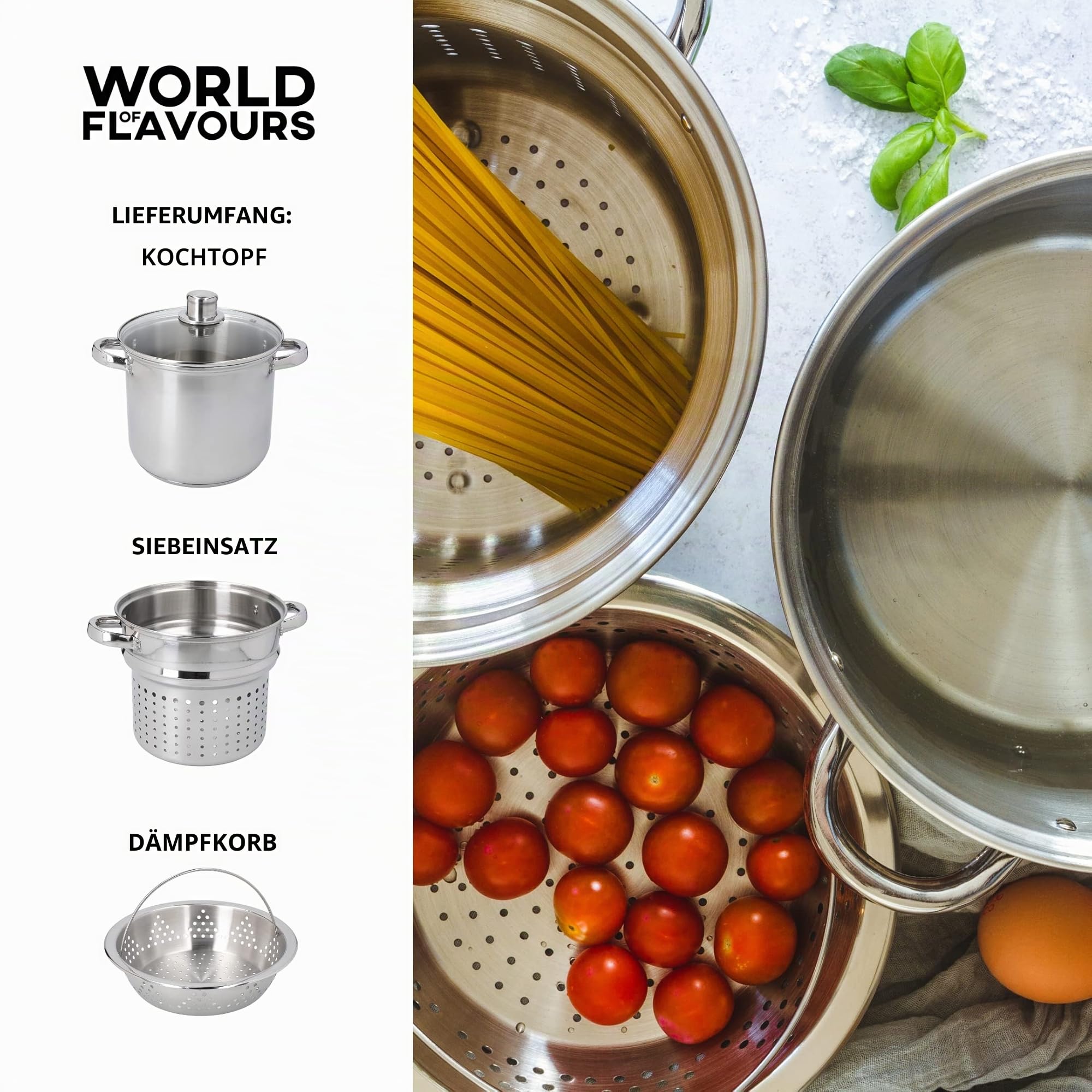 KitchenCraft World of Flavours Pastatopf mit Sieb und Gemüsedampfkorb in Geschenkbox, induktionssicher, Edelstahl, 4 Liter