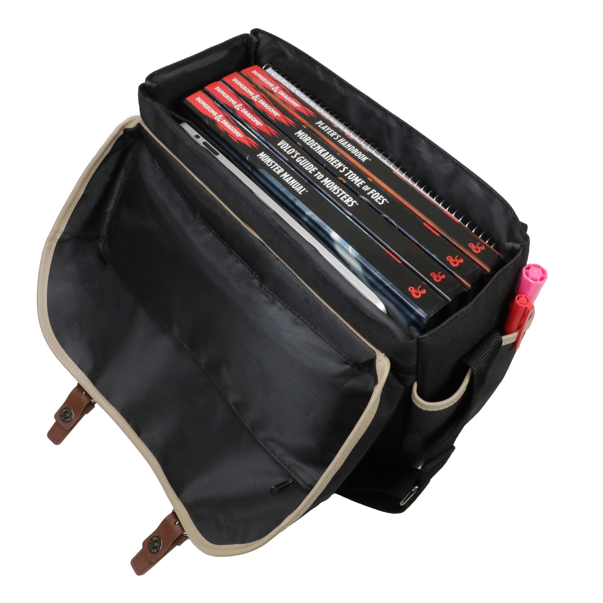 ENHANCE Bolsa de Diseño DND: Elegante Bandolera para Jugadores de rol de Dungeons and Dragons. con Espacio para el Manual del Jugador, Carpetas, Dados y Accesorios, y Bolsillos Laterales (Negro)