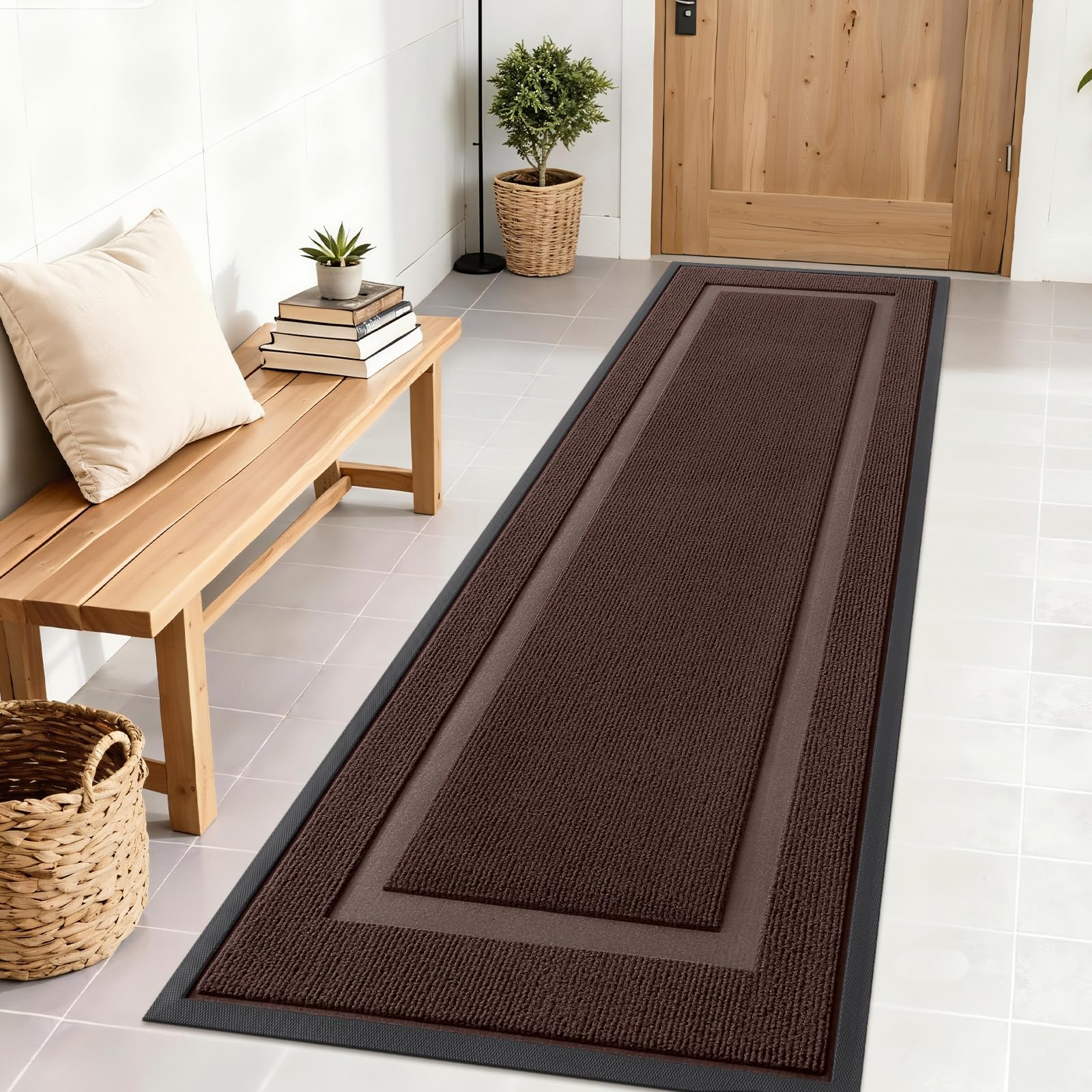 OLANLY Front Door Mat Outside 71x23, All-Season Heavy-Duty Rubber Doormat | Dark Brown, Absorbent, Stain Fade Resistant, Waterproof Non-Slip Backing, Low-Profile Indoor Outdoor Floor Mat for Entryway