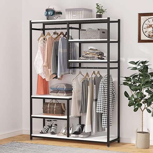 Miniatura 3 de Tribesigns Organizador de armario independiente con 2 barras para colgar, estante para ropa con 5 estantes de almacenamiento para dormitorio (blanco)