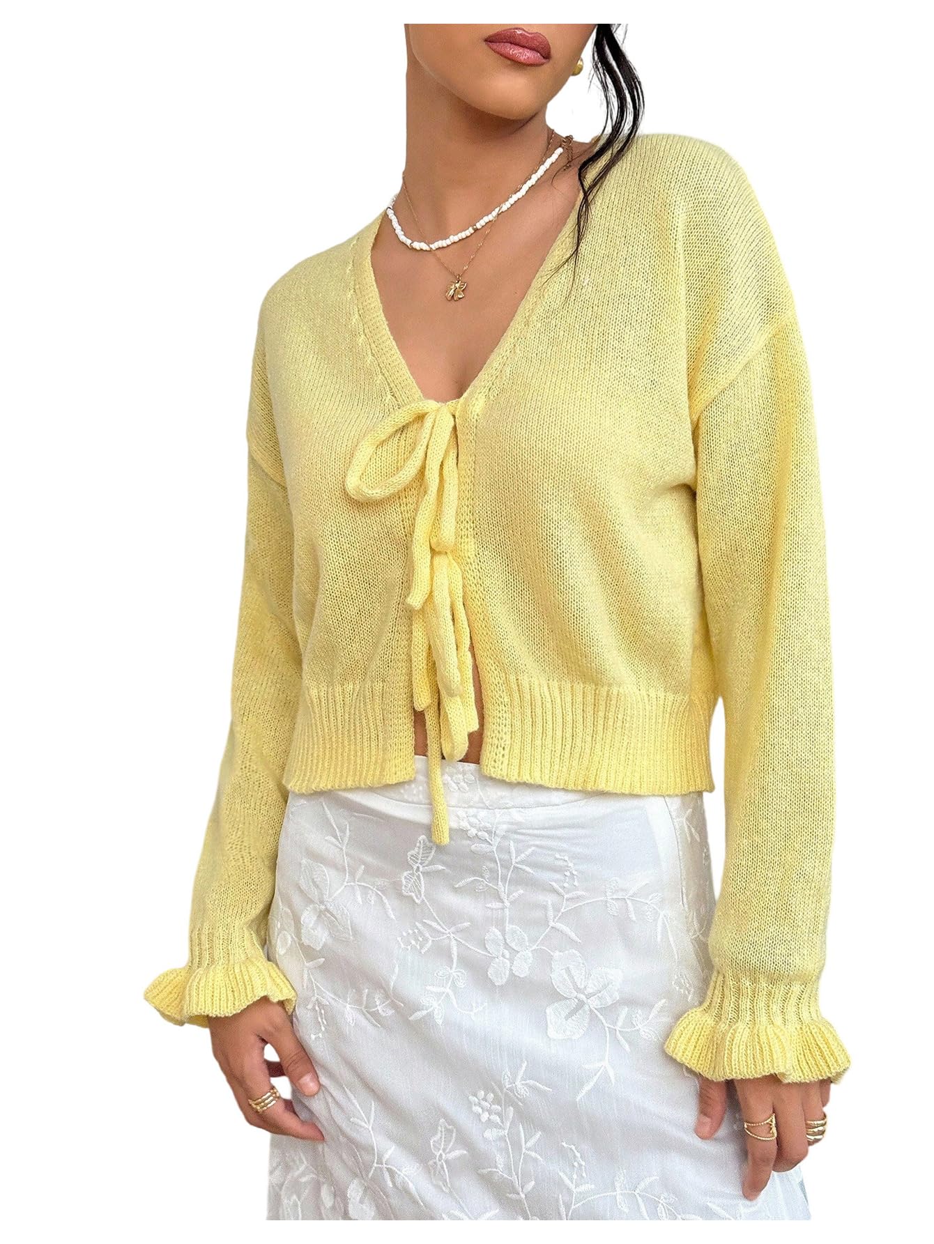 MakeMeChic Womens Long Sleeve Cropped Cardigan V Neck Tie Front Ruffle Fall Sweaters