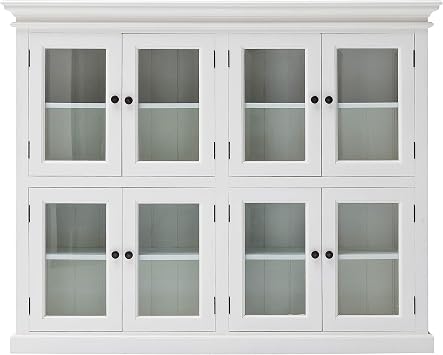 NovaSolo Halifax Pure White Mahogany Wood Storage Kitchen Pantry Unit With Glass Doors And 8 Shelves