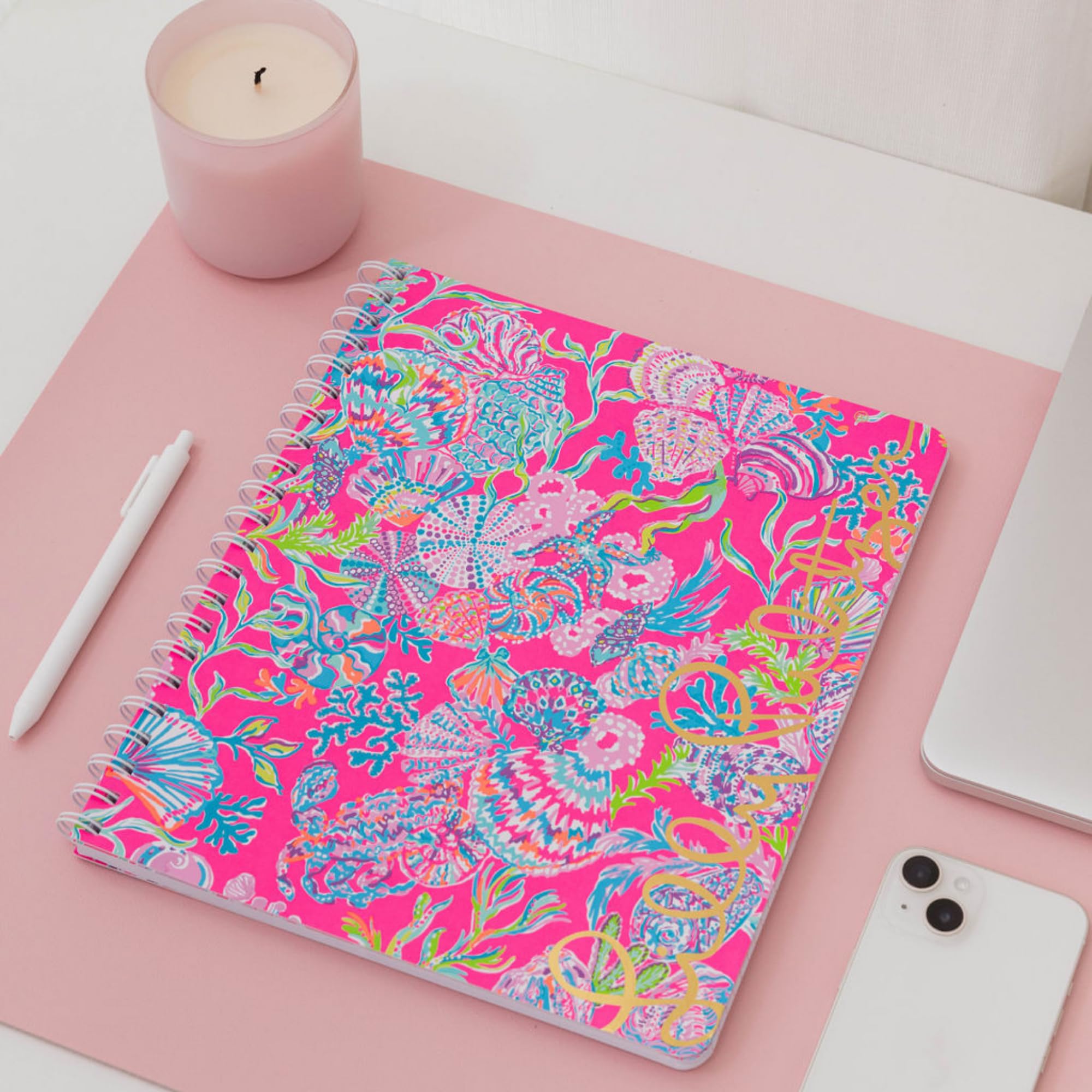 Lilly Pulitzer Large Pink Hardcover Spiral Notebook, 11" x 9.5" with 160 College Ruled Pages, Shell Me Something Good