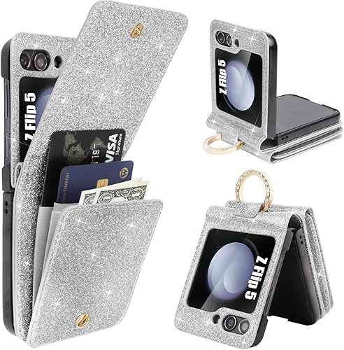 Funda para Samsung Galaxy Z Flip 5 con soporte para tarjeta de anillo y protección de bisagra, funda brillante para Samsung Z Flip 5, cartera con