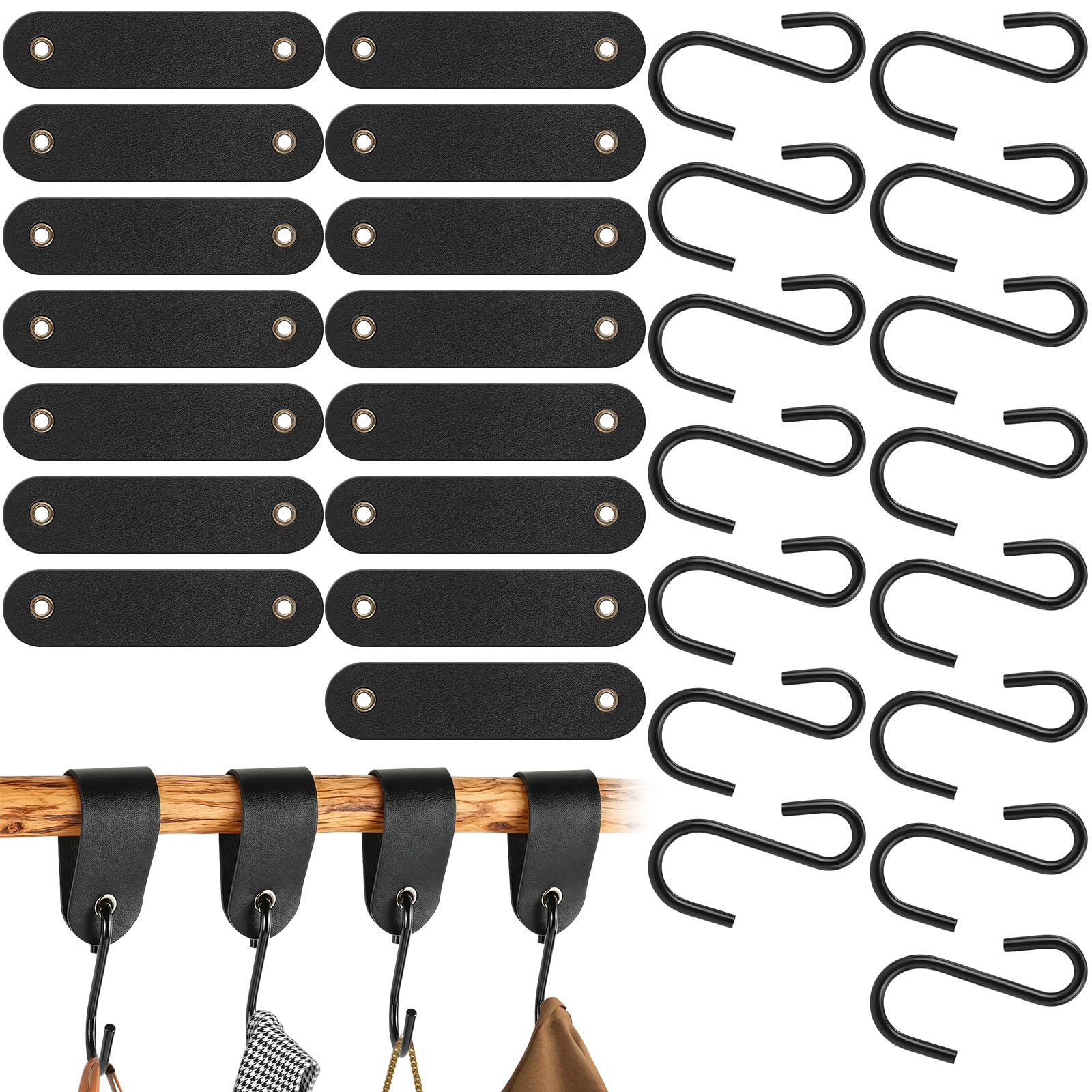 15Pcs S Hooks with Black Leather Loop, Stainless Steel Metal S Shaped Hanging Hook, Multifunctional PU Hookss Hangers for Kitchen Utensils, Bathroom, Bedroom, Office, Camping, Towels Coats, Cups