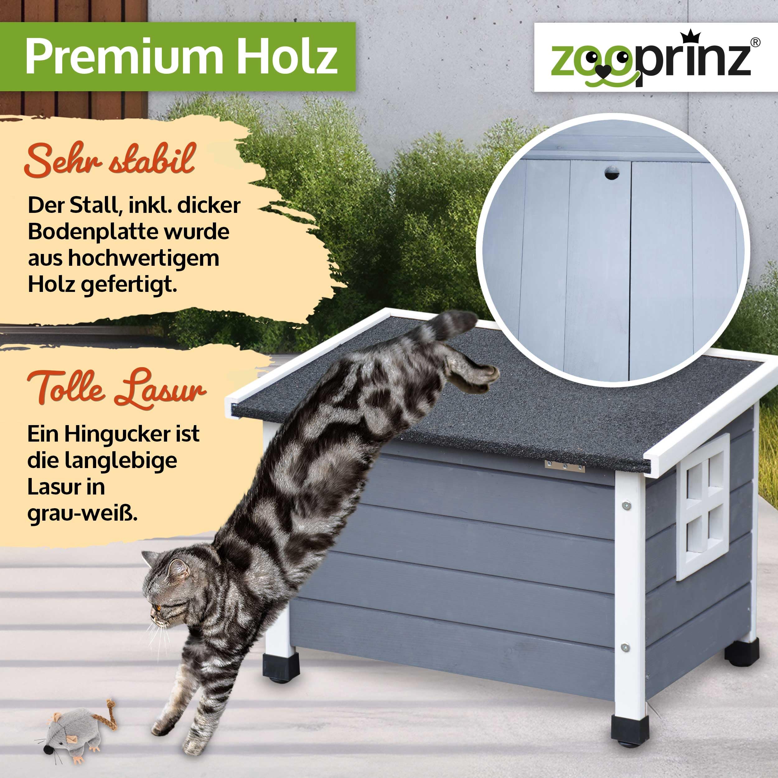 zooprinz Holz Katzenhaus – Katzenkiste mit Schwingtür, Grau-Weiß | Katzenbox mit Dach zum Öffnen, Fenster, Sisalband und Schwingtür – wetterfeste Hütte für Garten, Balkon, innen & draußen