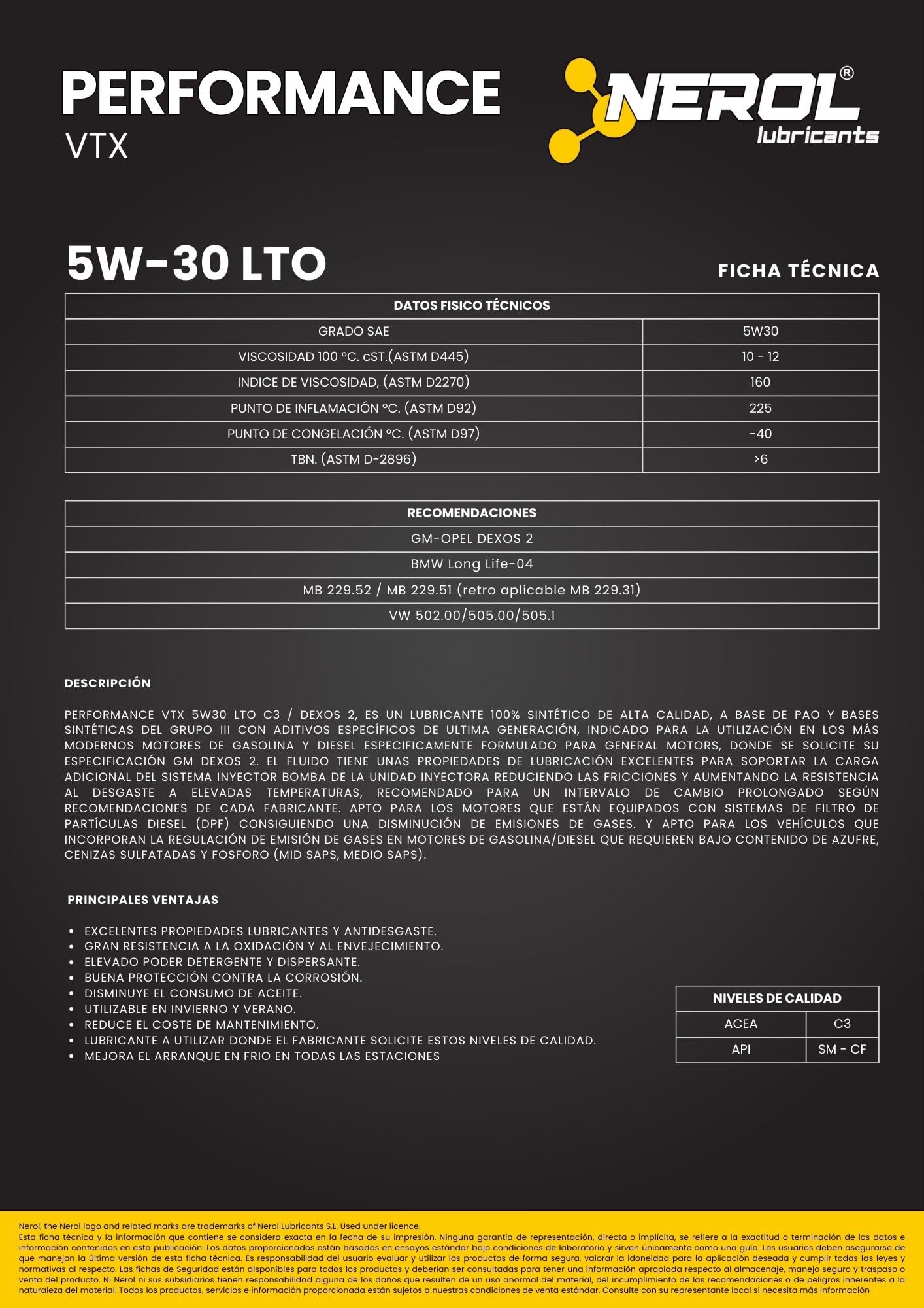 NEROL Aceite de Motor 100% Sintético Para Coche 4T Performance VTX - LTO 5W-30 Acea C2 C3 Dexos Api SN - CF, 5 Litros Lubricante Vehículos (5 LITROS)