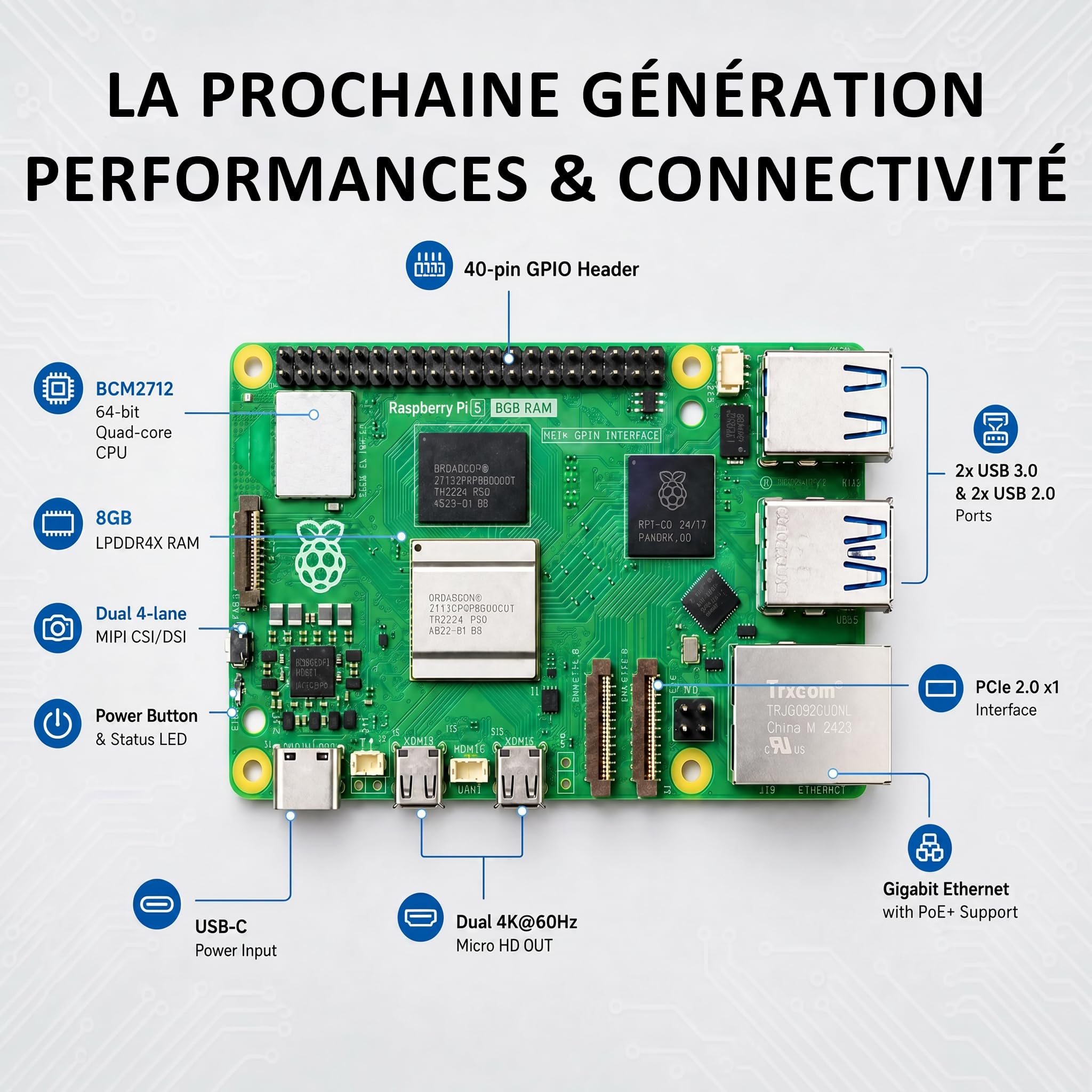 Vemico Raspberry Pi 5 Kit 8GO RAM 64GO Edition | Active Cooler,27W GaN 5,1V5A USB-C Alimentation,64GO Carte,4K Câble Micro HD Out,Pi5 8GO Board,Pi5 Boîtier,Manuel Utilisateur