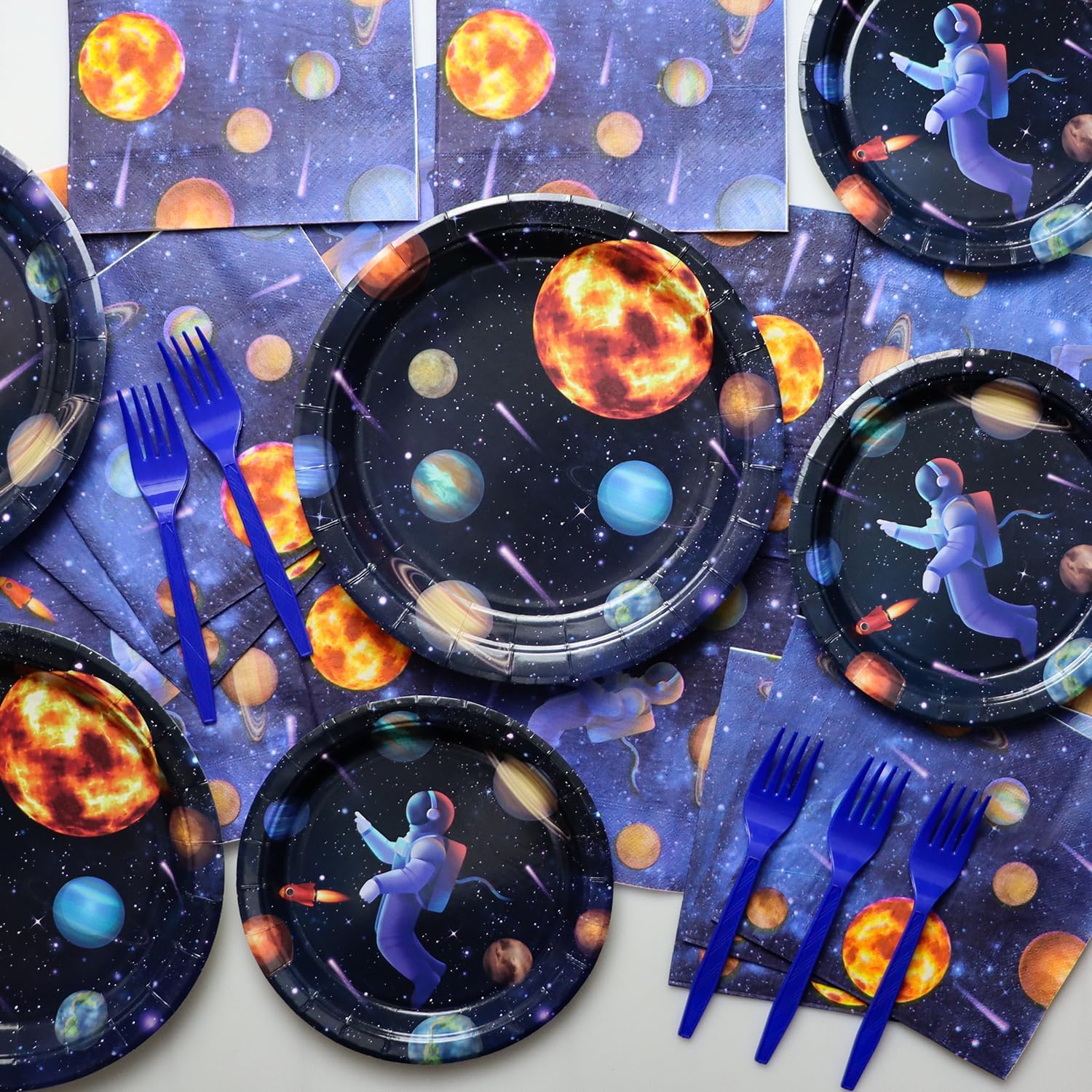 Outer Space Party Supplies for 20 Guests, Include Astronaut Planet Paper Plates, Napkins, Forks, Outer Solar System Tablecloth for Kids Birthday Party Solar System Theme Party Decorations