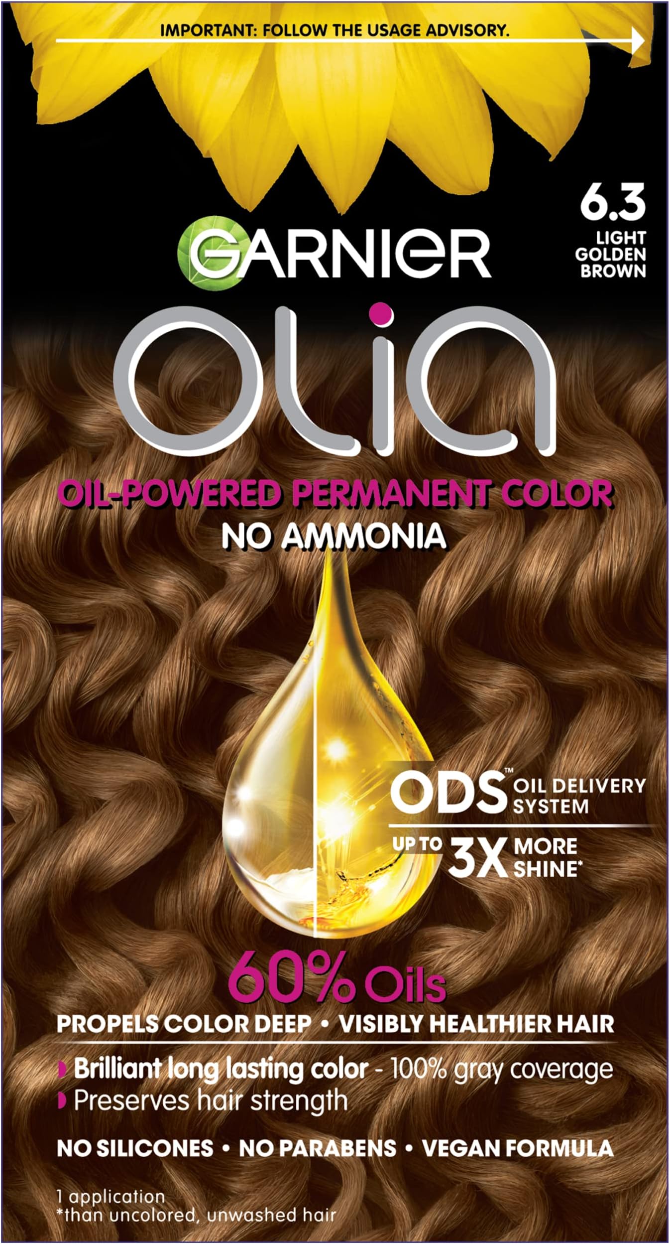 Garnier Olia Hair Color, Ammonia-Free Permanent Hair Dye, Oil-Powered Formula for 100% Gray Coverage and 3x Shinier Hair, Vegan & Cruelty Free, 6.3 Light Golden Brown, 1 Count