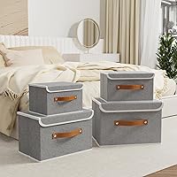Vista 2 de OUTBROS Cajas de almacenamiento, contenedores de almacenamiento plegables con tapas, cestas de almacenamiento de tela de algodón y lino con asa
