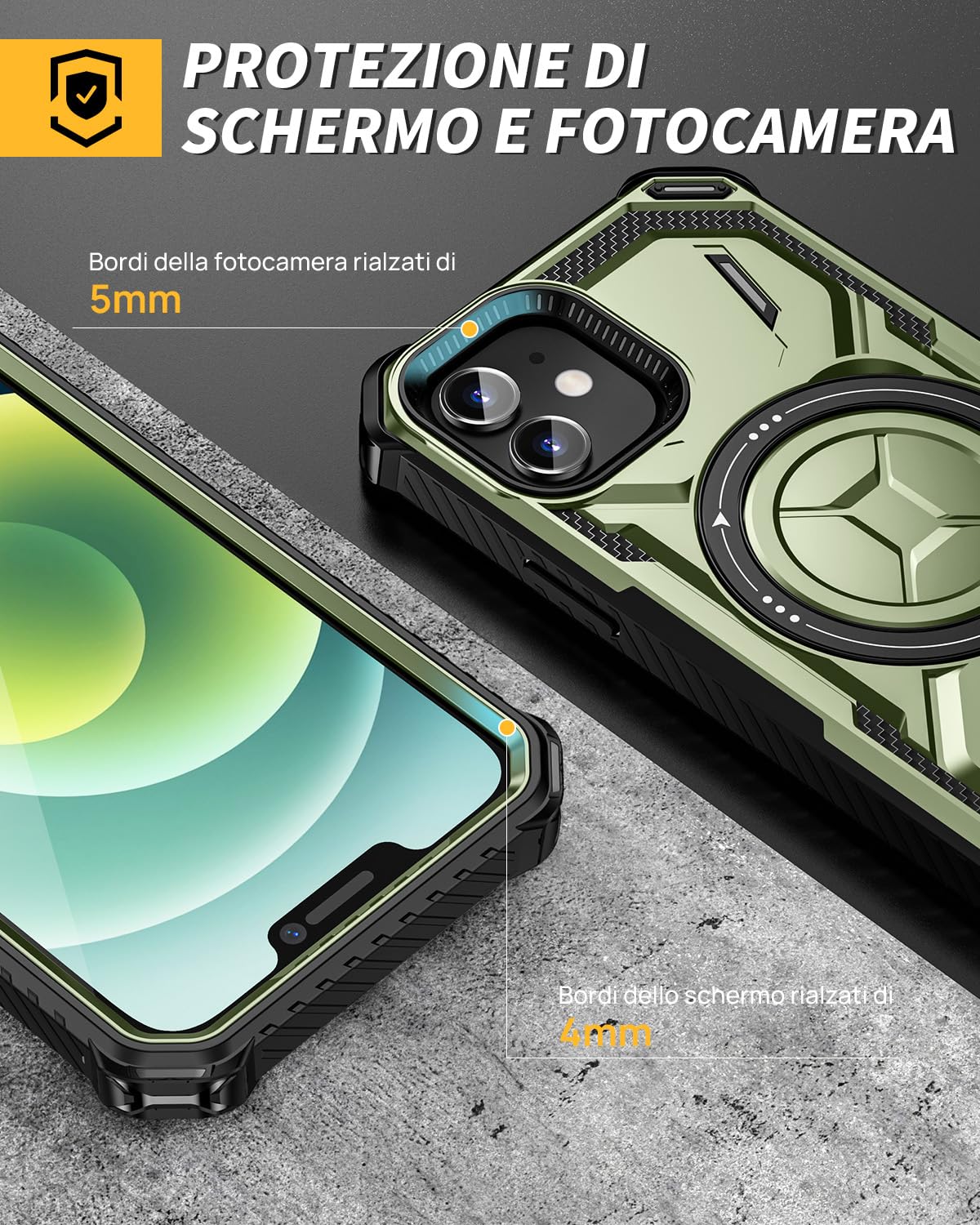 Lanhiem Cover iPhone 12/12 Pro con 2 Pezzi 9H Vetro Temperato, Supporto Magnetico ad Anello a 360°Protezione Antiurto Anticaduta di Livello Militare Armor Custodia iPhone 12 Pro / 12, Verde