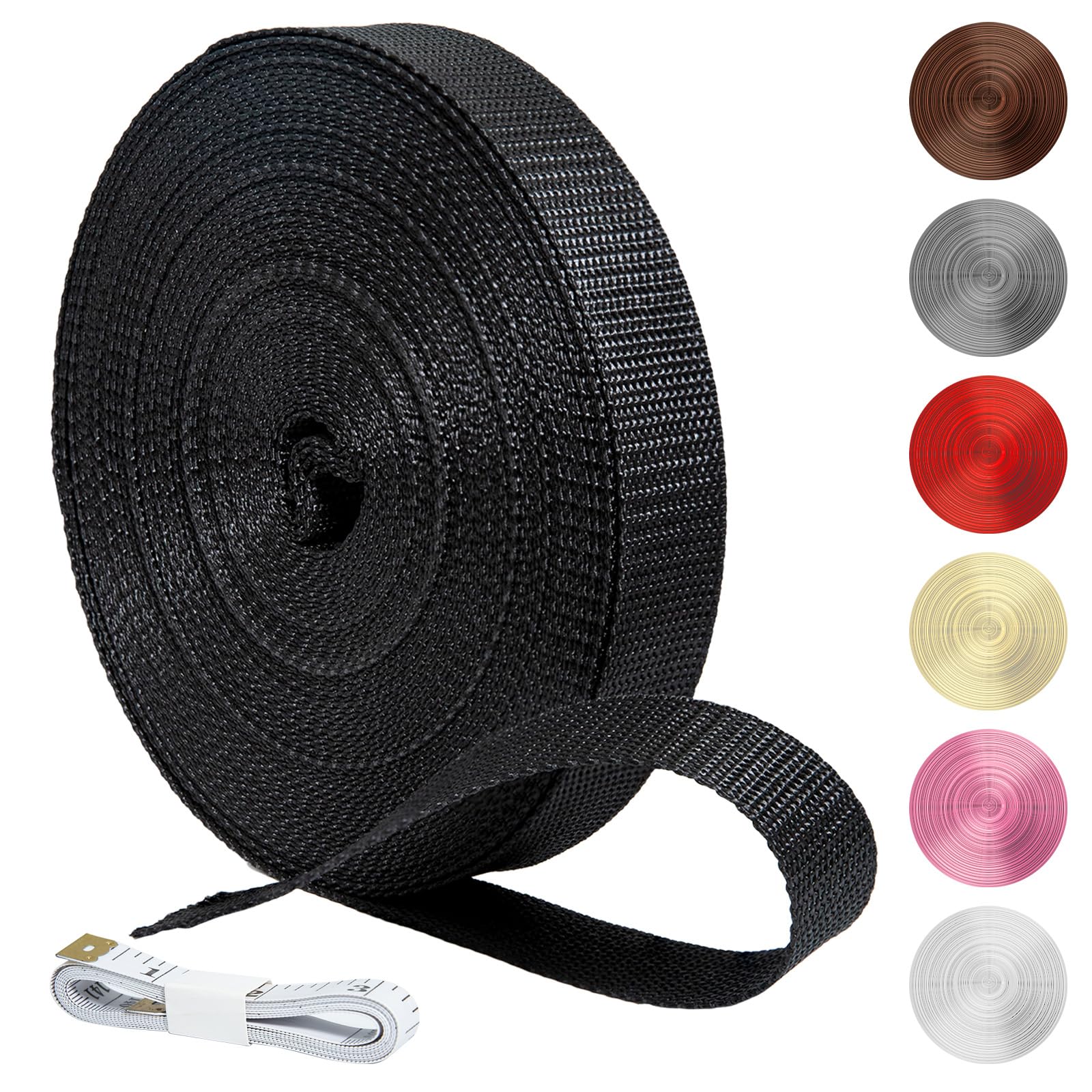 KINETOX 20m Black Webbing Strap 20mm Polypropylene Webbing Strap Heavy Duty Anti-Slip UV Resistant Twill Tape Fabric for DIY Enthusiasts Campers to Repair Bags Pet Leashes Camping Gear Luggage