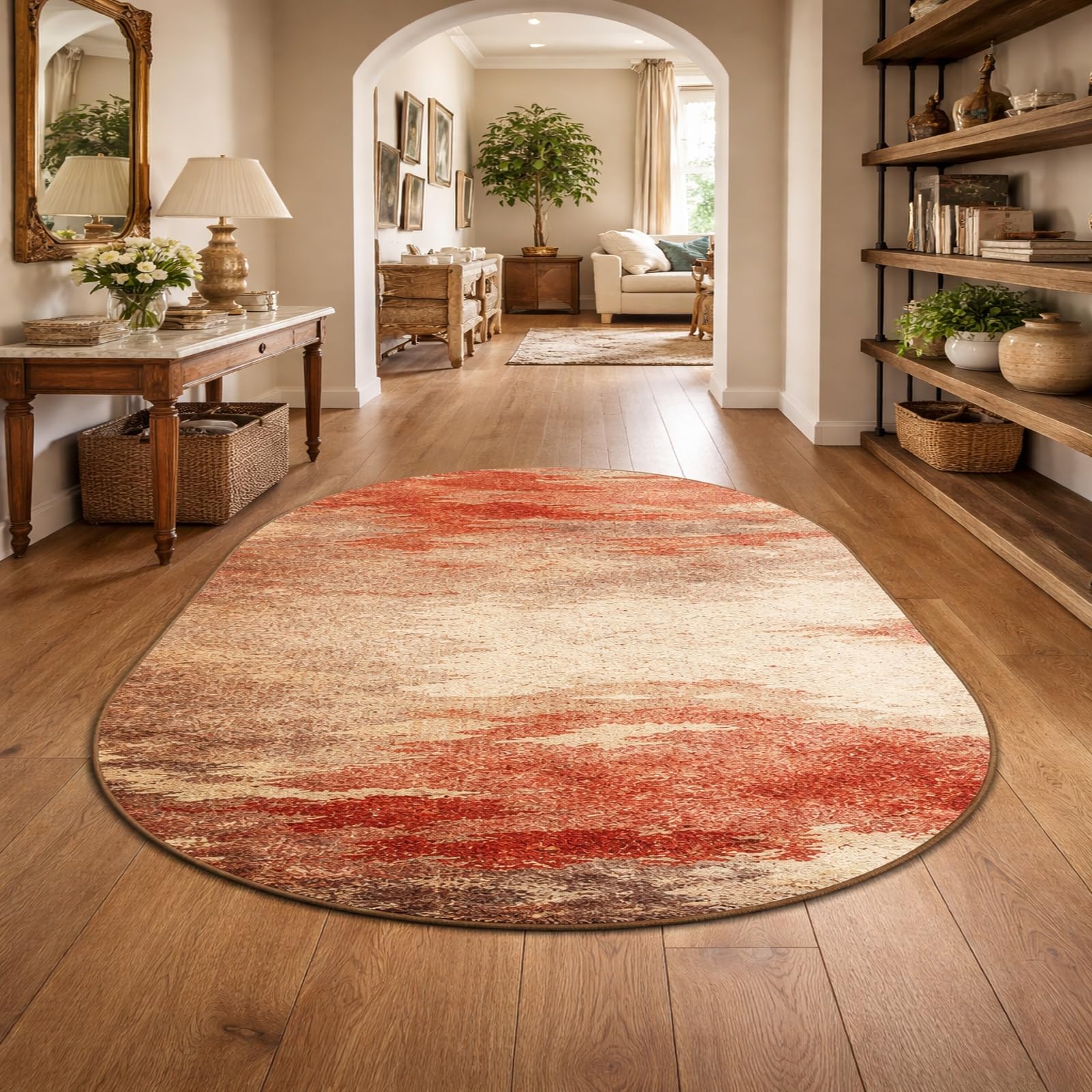 Tappeto Ovale Salotto Moderno Pelo Corto,Astratto retrò rosso, beige, marrone, bianco, 80 x 120 cm,Tappeti Ingresso interno,Cucina, Lavabile,