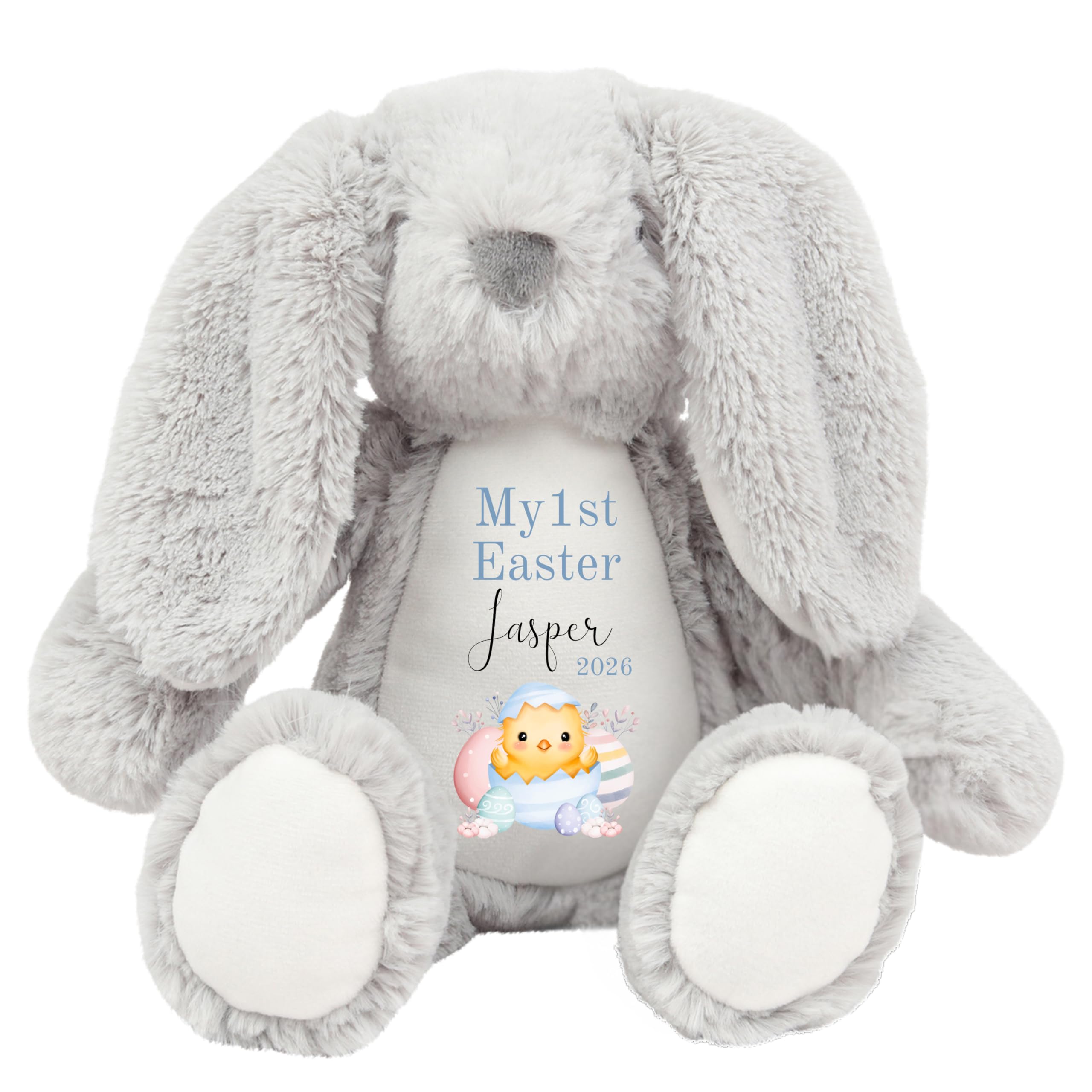 HotScamp Personalised Easter Bunny with Name - My 1st Easter Chick 2026 Blue - Soft Toy for Baby, Toddler, Child, Kids, Babies Spring Time - Blue Letter Grey Bunny
