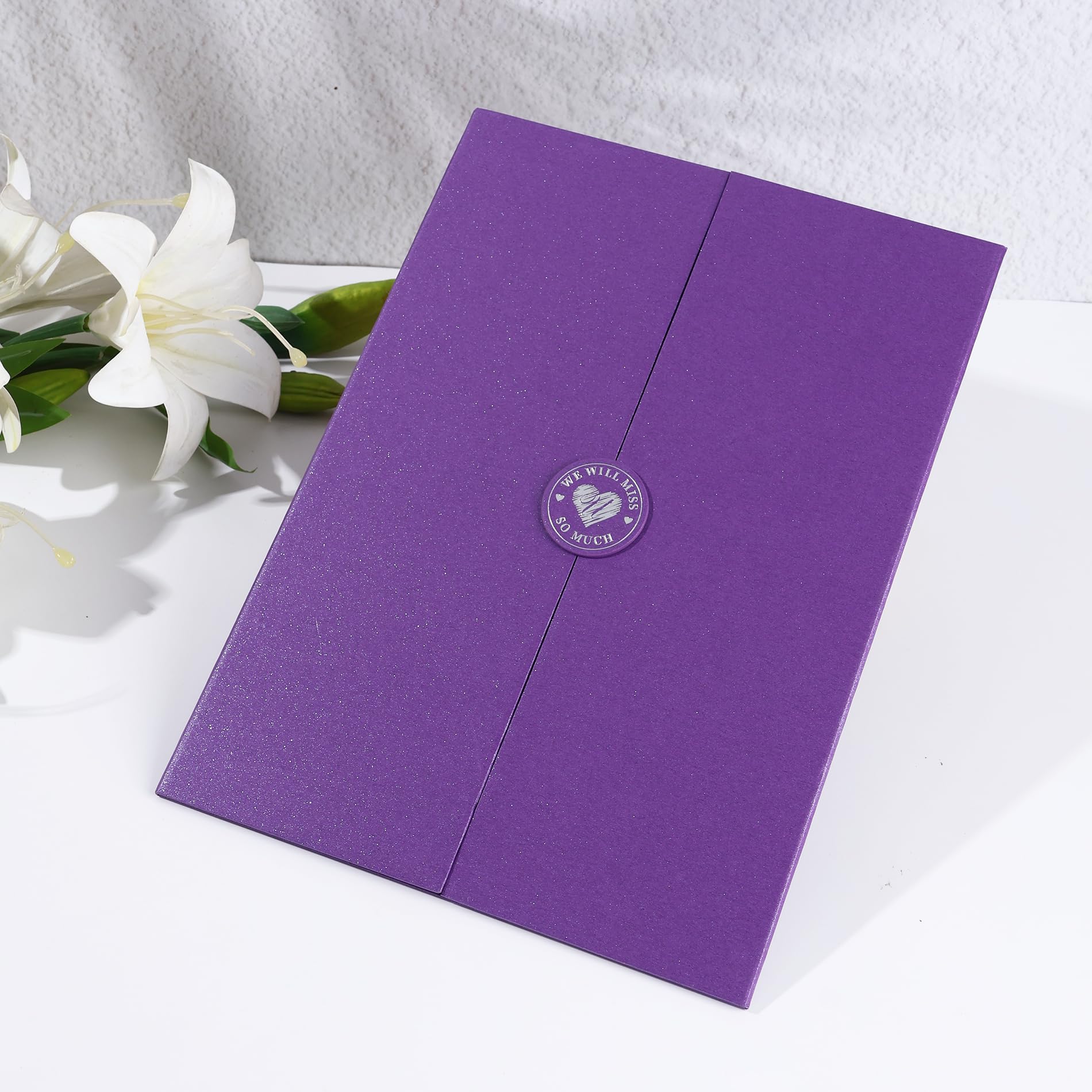 Traumhafte violette Abschiedskarte "We Will Miss You", Dekorationen, Abschiedsparty-Dekorationen, große signierbare Abschiedskarte, alternative Abschiedsgeschenke für Kollegen, Ausgehen