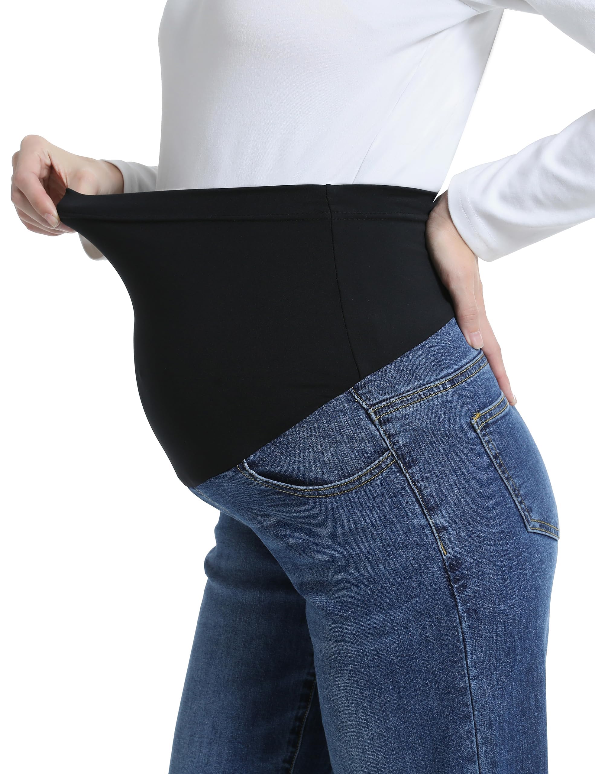 Vaqueros de maternidad para mujer con pierna ancha sobre el abdomen, elásticos, piernas rectas, pantalones de maternidad, pantalones vaqueros con bolsillos