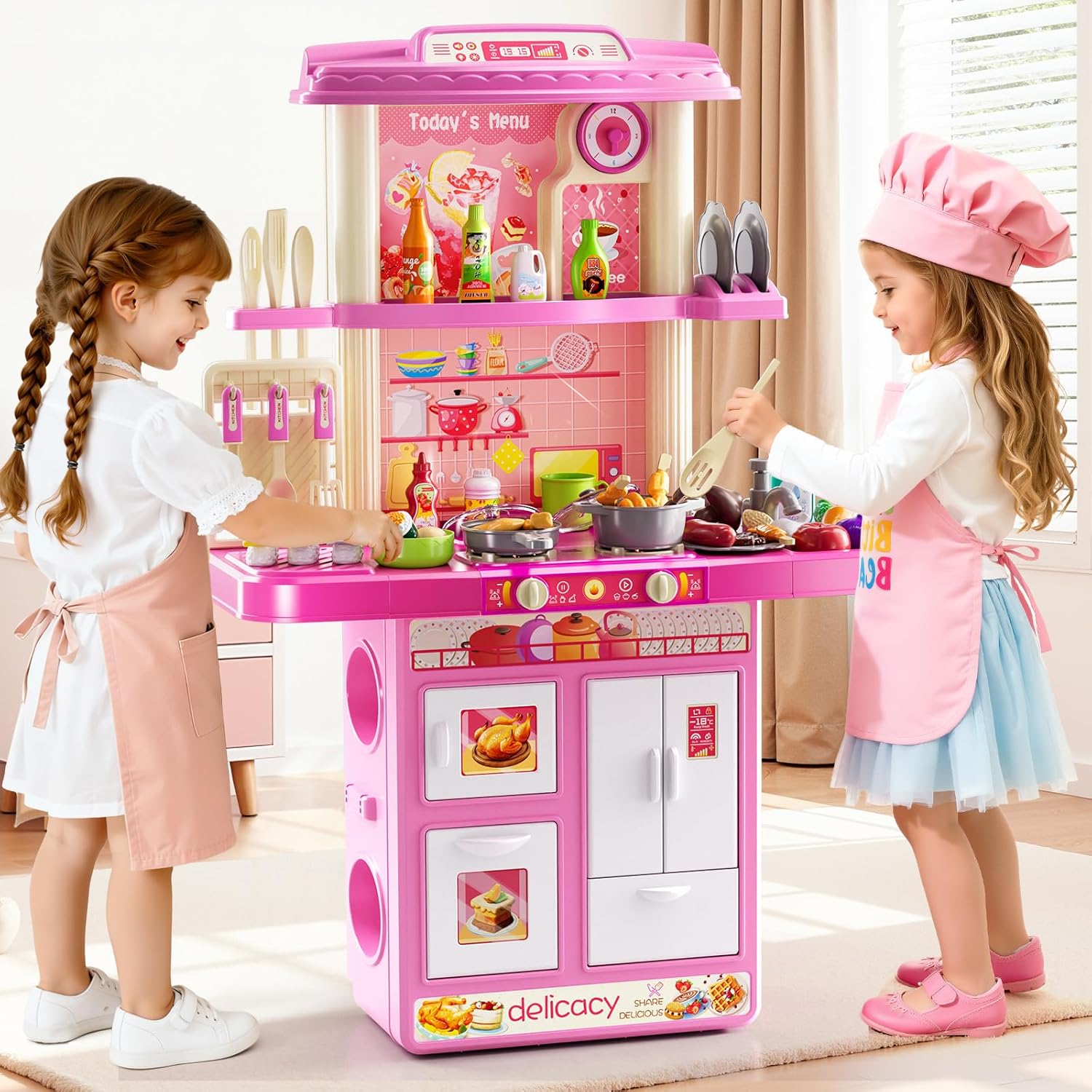 Kids Play Kitchen Set, Toddler Kitchen Playset with Sound & Light, Paly Sink with 46Pcs Play Food Toy and Kitchen Accessories, Kitchen Toys for Toddlers Kids Girls 3 4 5 6
