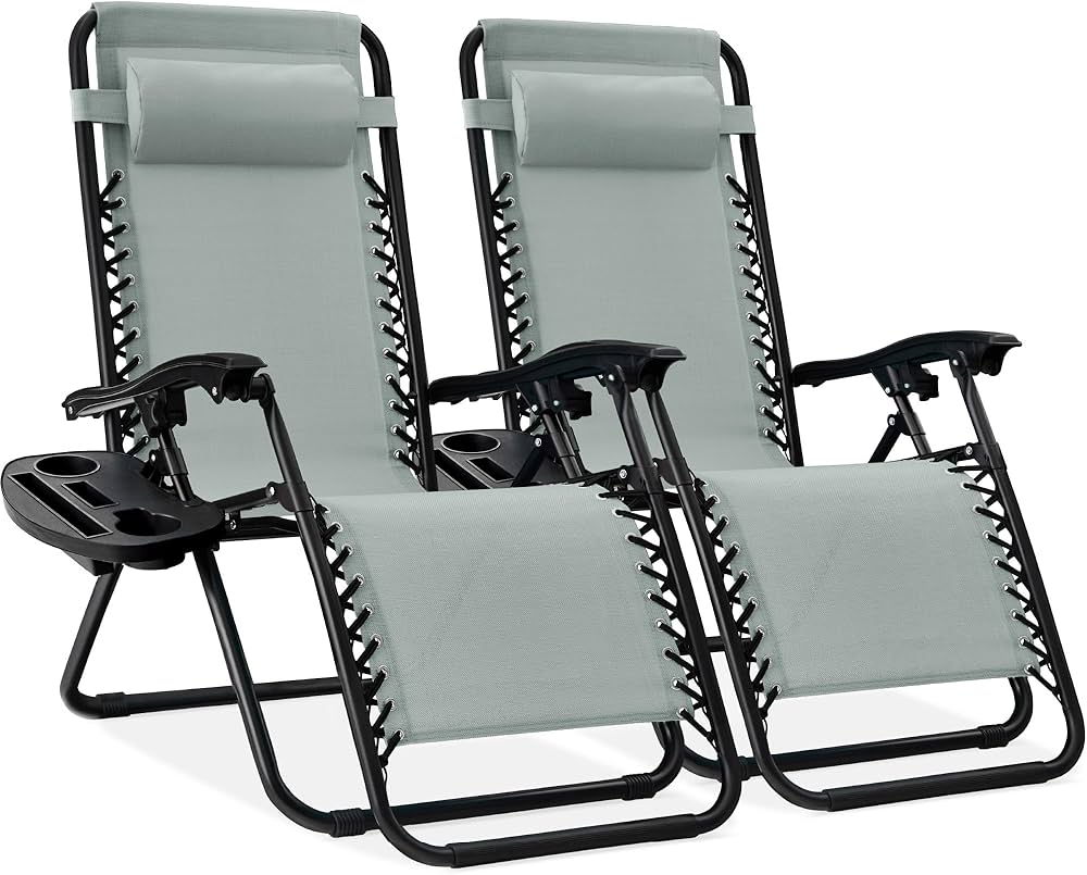 Best Choice Products Set of 2 Adjustable Steel Mesh Zero Gravity Lounge Chair Recliners w/Pillows and Cup Holder Trays - Stardew