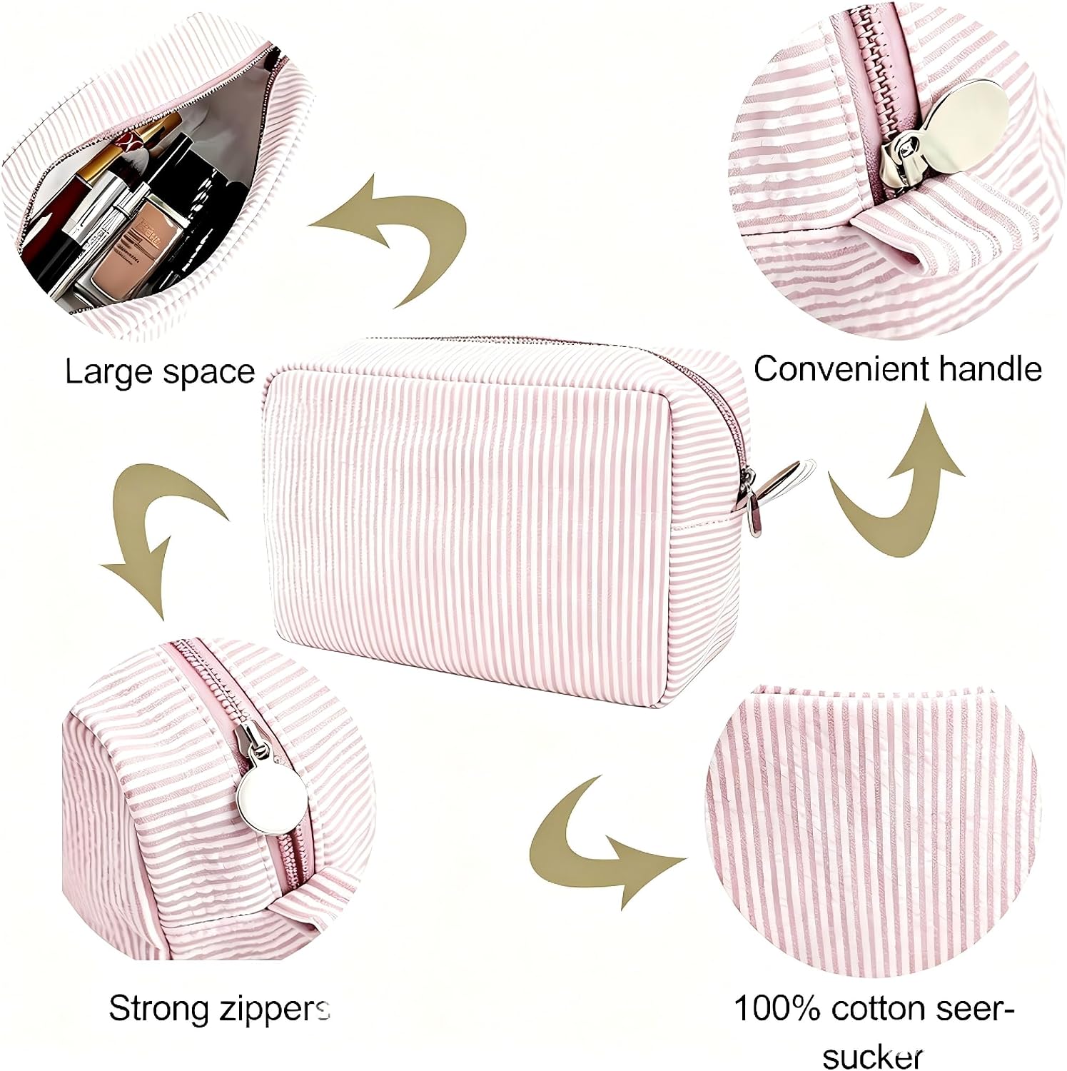 2-Pack Striped Seersucker Makeup Pouches, Zippered Cosmetic & Toiletry Organizer Bags for Travel and Daily Use image 4