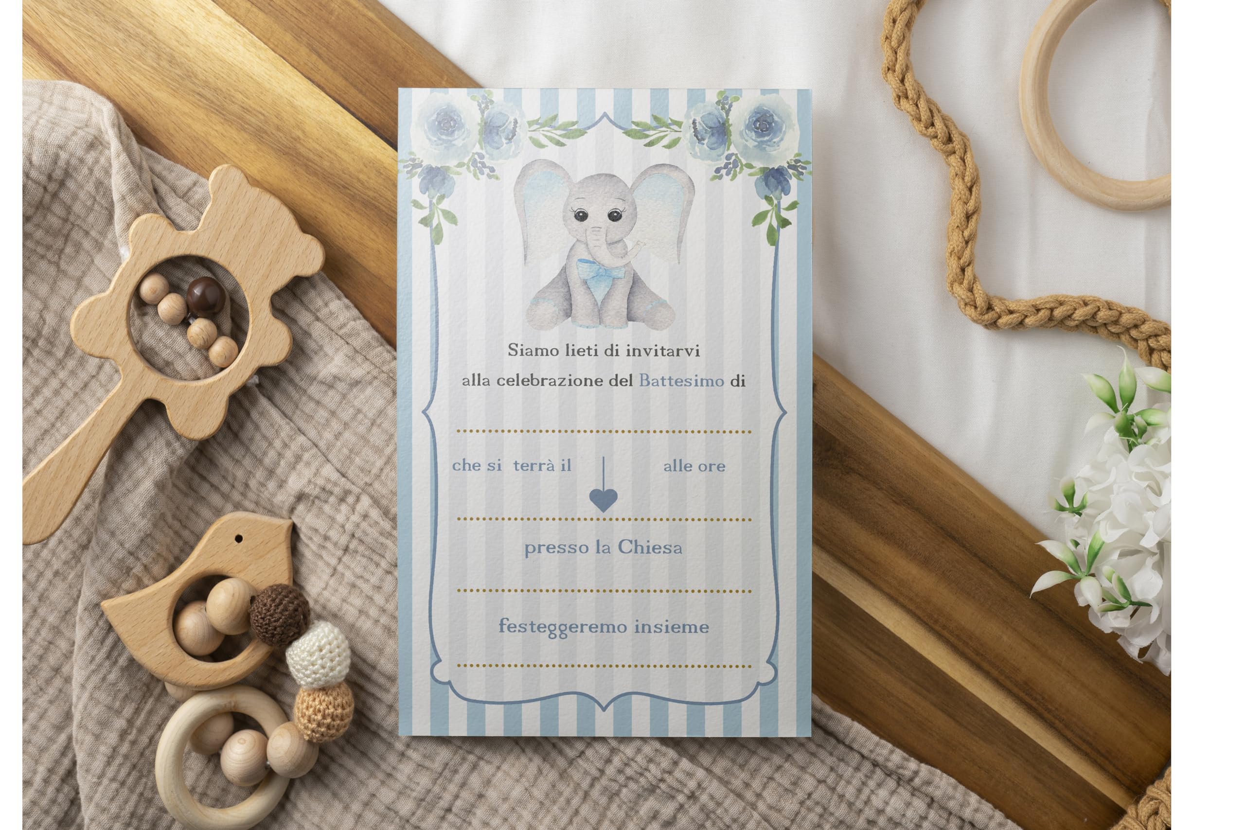 20 Taufeinladungskarten – Personalisierbar, 95x150 Mm, 300 G/m² Karton, Mit Blauem Bären-Motiv