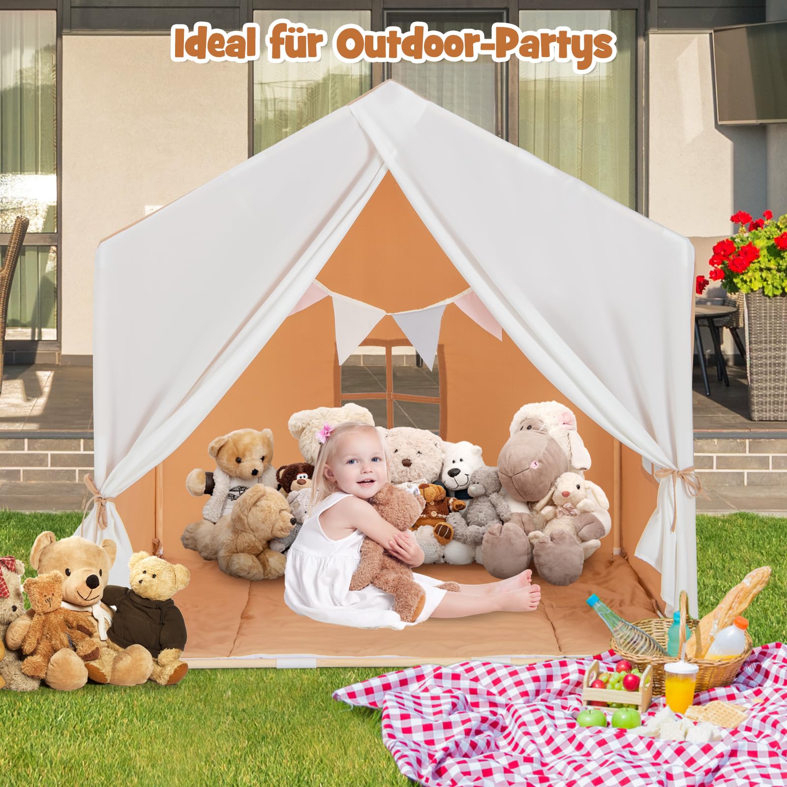 DREAMADE Kinderzelt für drinnen mit Matte und Girlande, Kinder Spielhaus Indoor mit Fenstern & Vorhang, Tipi Zelt, Kinder Spielzelt mit Massivholzrahmen für Jungen und Mädchen (Hellbraun + Weiß)