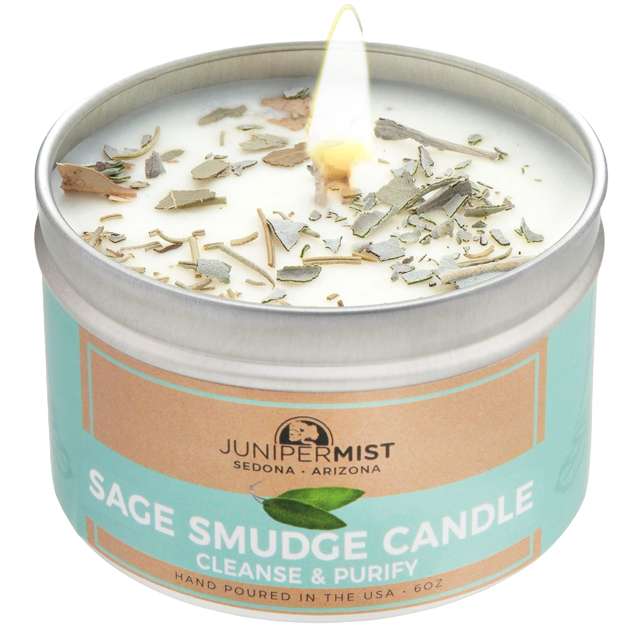 Sage Candle w/White Sage Leaf (6 Oz) - for Meditation & Cleansing Negative Energy - Made in USA with Soy Wax & Essential Oils - Smokeless Alternative to Smudge Sticks