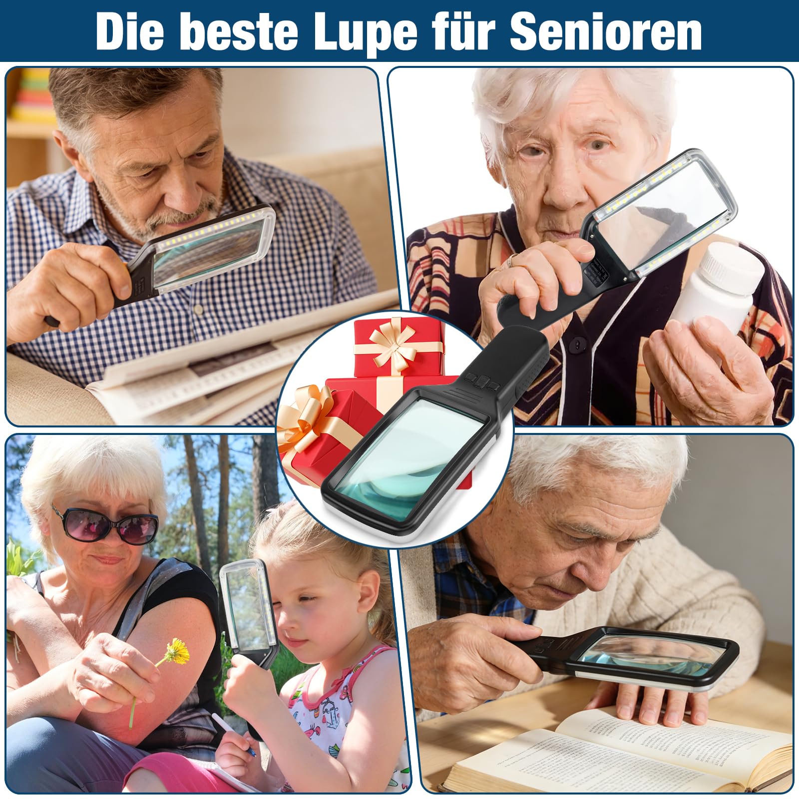 Lupe mit Licht aus Optisches Glas, 15-fache Leselupe mit Licht für Senioren groß, Typ-C-Aufladung, 3 Farbmodi, Handlupe, dimmbare beleuchtete Lupe, Lesehilfe für Bücher, Arbeit, Sehschwäche