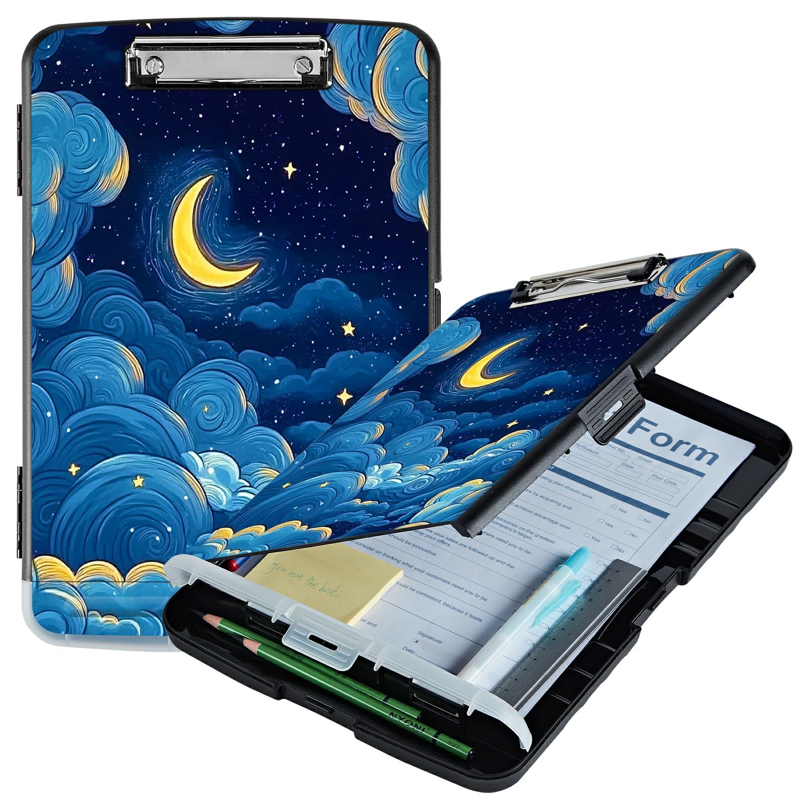 RWUTYTIUL Moon Blue Clouds A4 Clipboard with Storage Pen Holder, Clipboards Organizer Nursing Clipboard Foldable File Folder Plastic Clipboard Folio Clip Board for Office Students Classroom Doctor — image 1