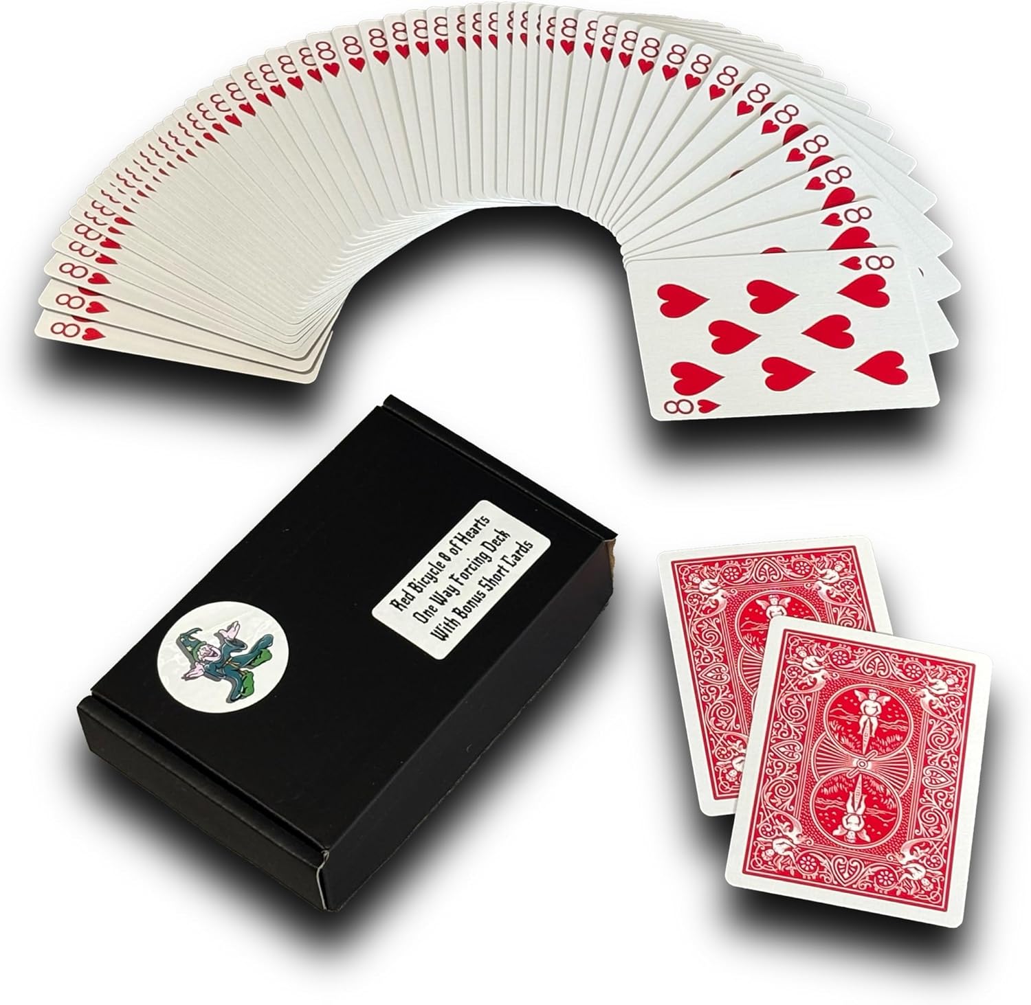 Ted's Sterling Magic Bicycle One Way Force Deck Trick Kit with 52 Identical Cards, Red Back Hearts (Eight)