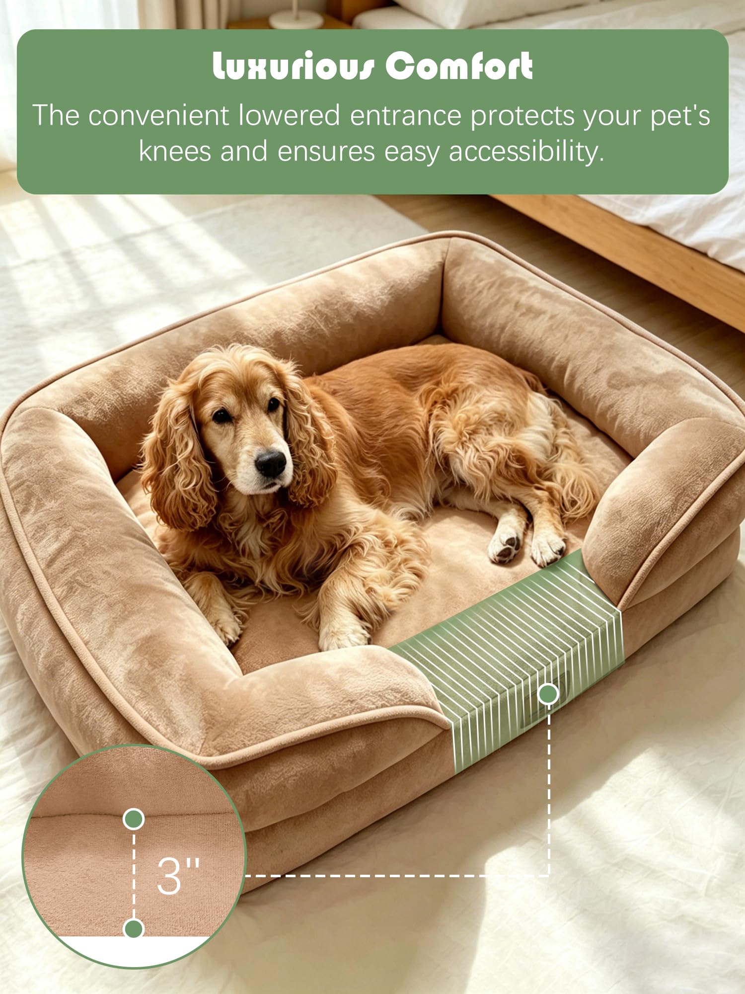 Spotted Play Orthopedic Dog Bed with Sides - Sofa Beds for Large Dogs, Supportive Foam Pet Couch Bed with Washable Removable Cover, Waterproof Lining and Non-Slip Bottom, Brown - L view 3