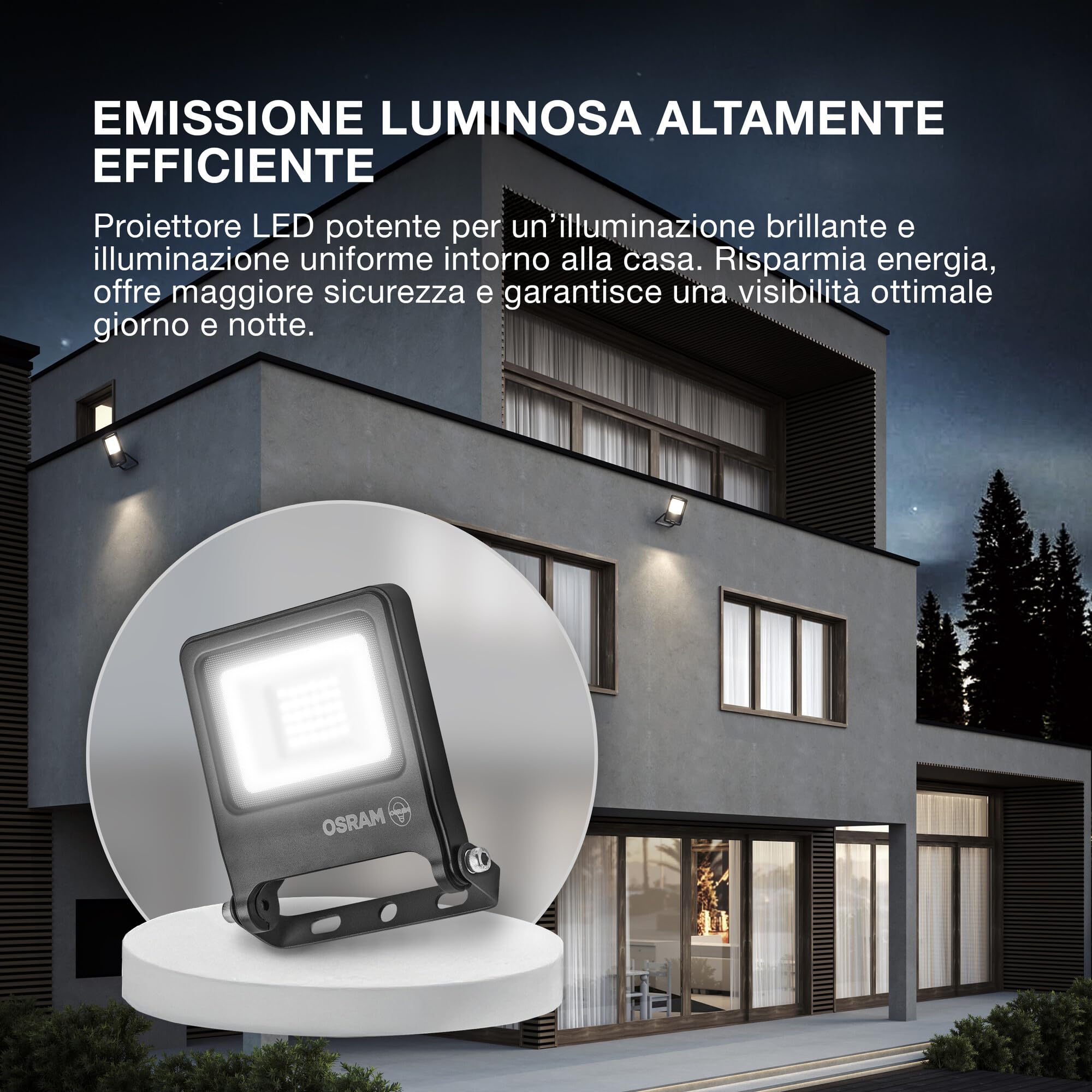 OSRAM Proiettore LED ENDURA FLOOD PC 20W, bianco caldo 3000K, 1800 lumen, IP65, in alluminio riciclato, staffa girevole a 180°, bianco