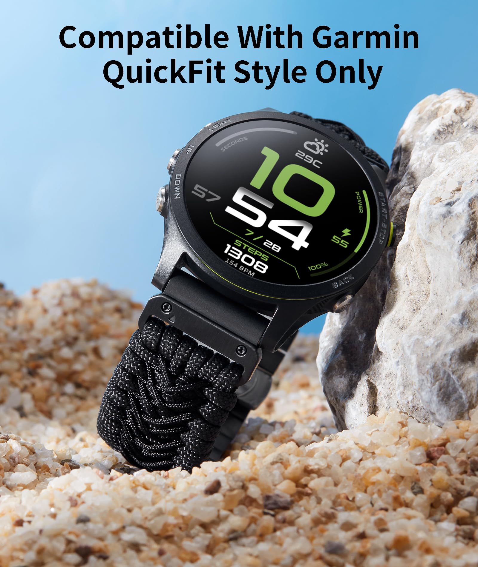 BINLUN Compatibile con Garmin Cinturino 22mm 26mm Paracord 550 Intrecciato Acciaio Cinturini per Orologio Nero Compatibile con Quickfit Compatibile con Fenix ​​Compatibile con Forerunner