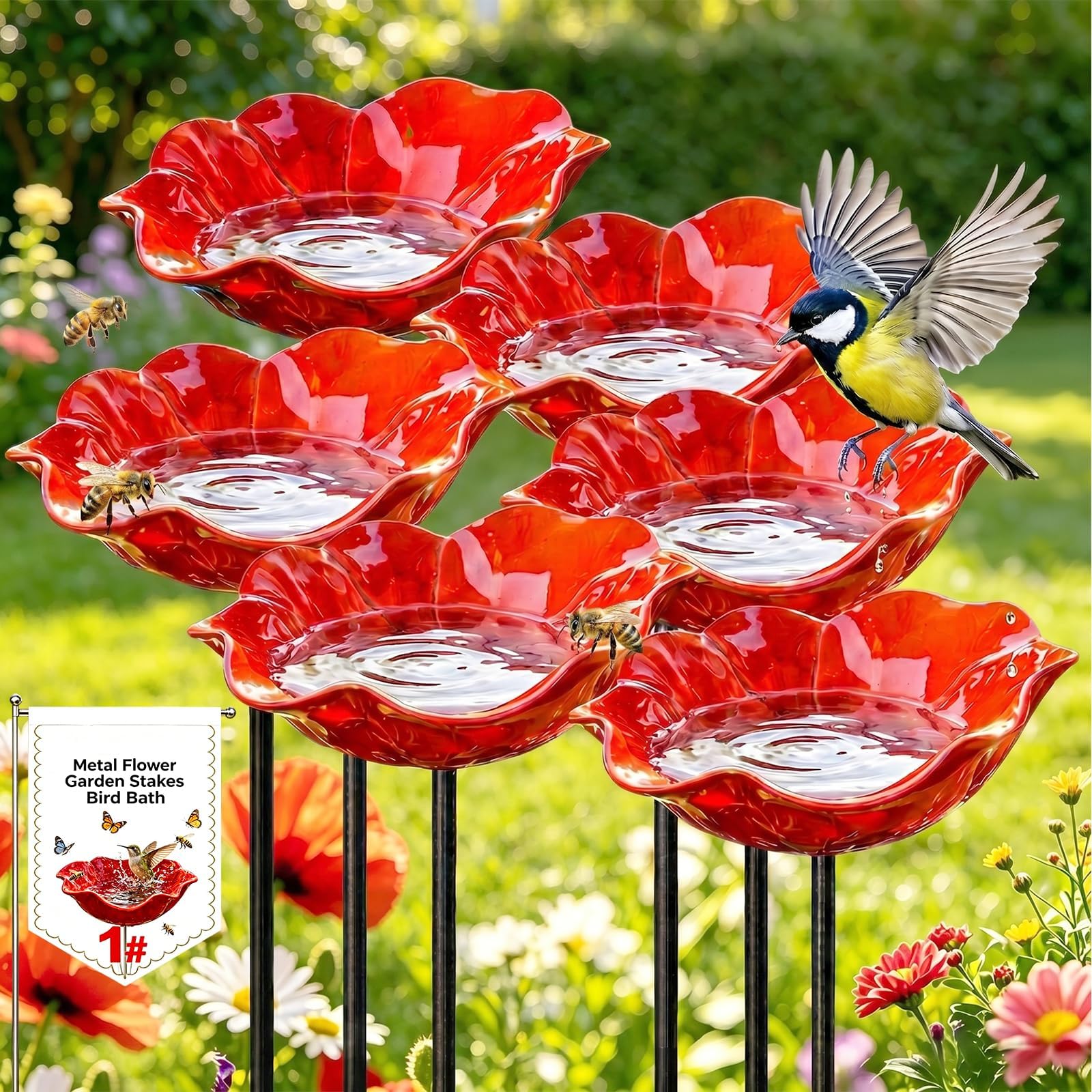 Vogeltränke Blume Gartenstecker Aus Metall Bienentränke, Blumengartenstecker Blumenform Winterfest Insektentränke Gartenfiguren Gartenstatuen Gartendeko Für Draußen (6PCS)