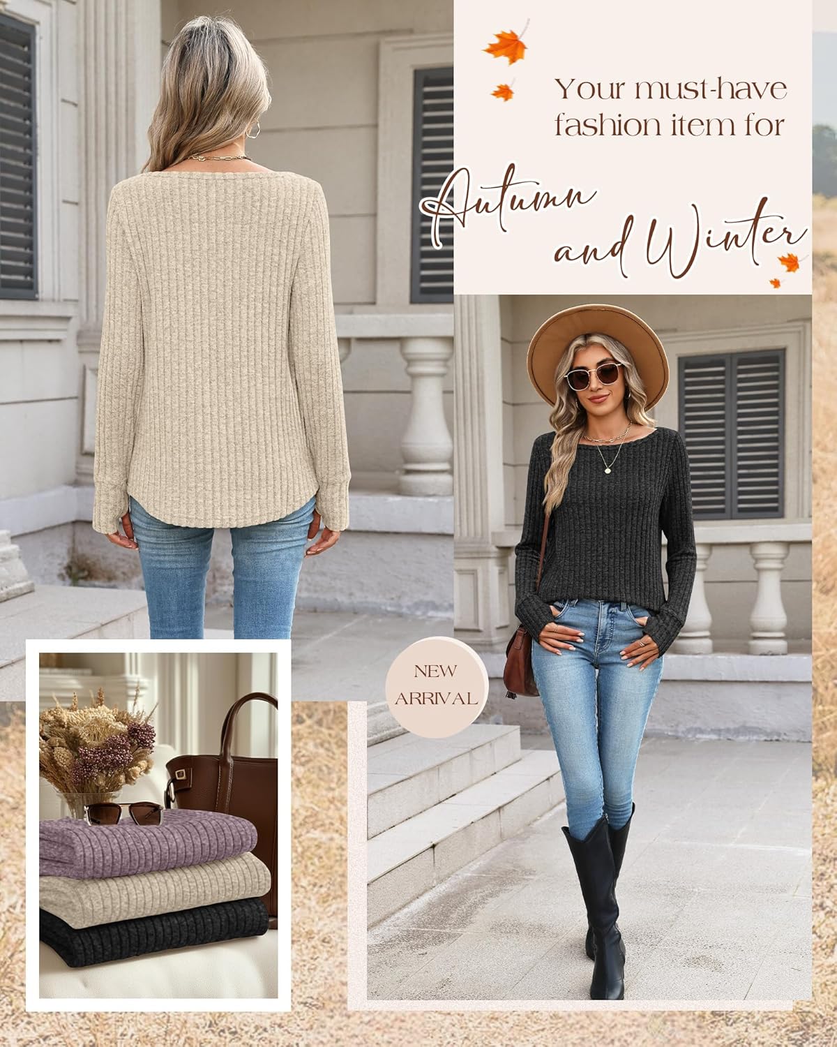 3 Pack Womens Long Sleeve Sweatshirt Boat Neck Loose Fit Tunic Sweater Lightweight Curved Hem with Thumb Hole Top - Image 6