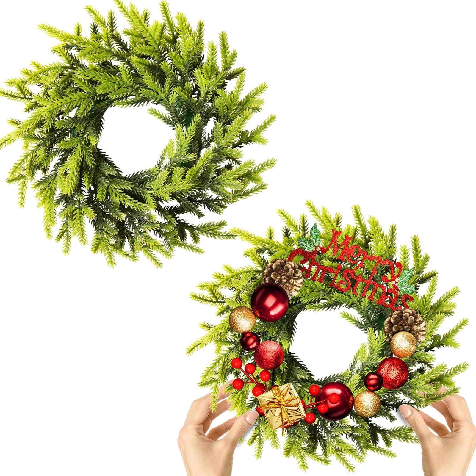 2 coronas artificiales verdes de Navidad de 10 pulgadas, coronas artificiales de imitación para puerta delantera, decoración de pared para interiores y exteriores (aguja de pino)